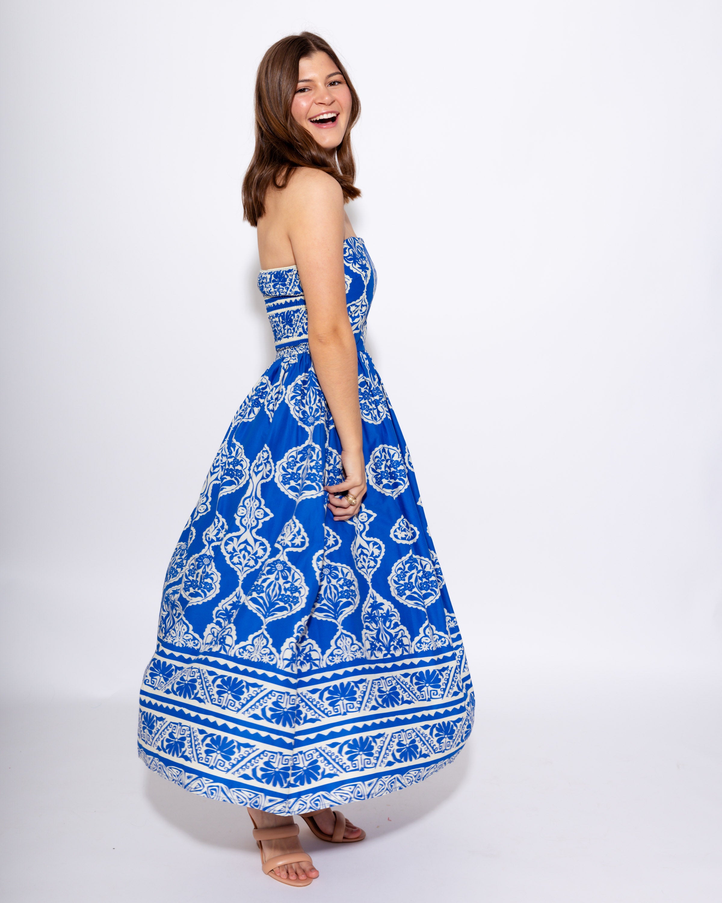 Royal Blue Strapless Smocked Midi Dress