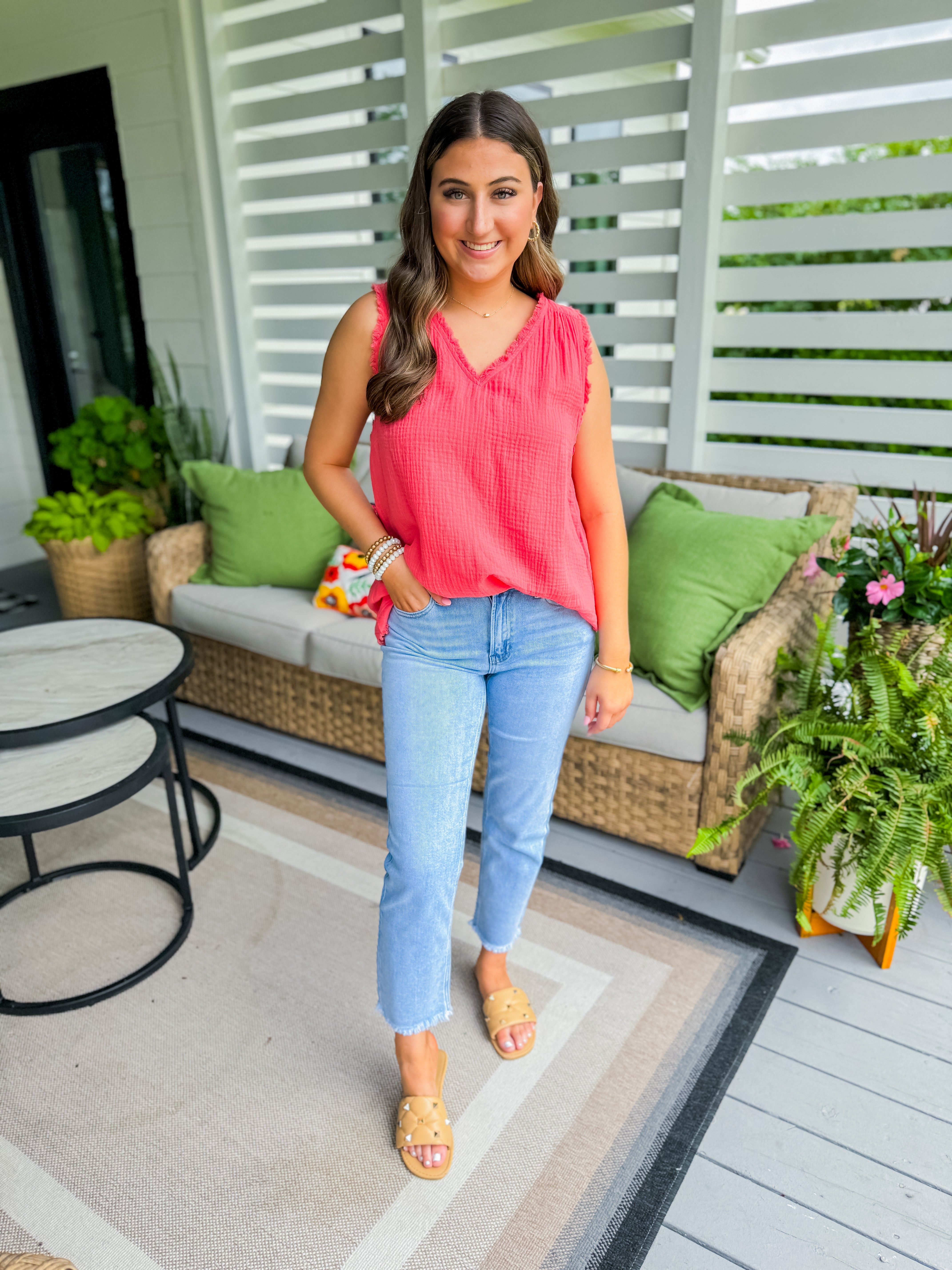 Cotton Gauze Sleeveless Top in Coral