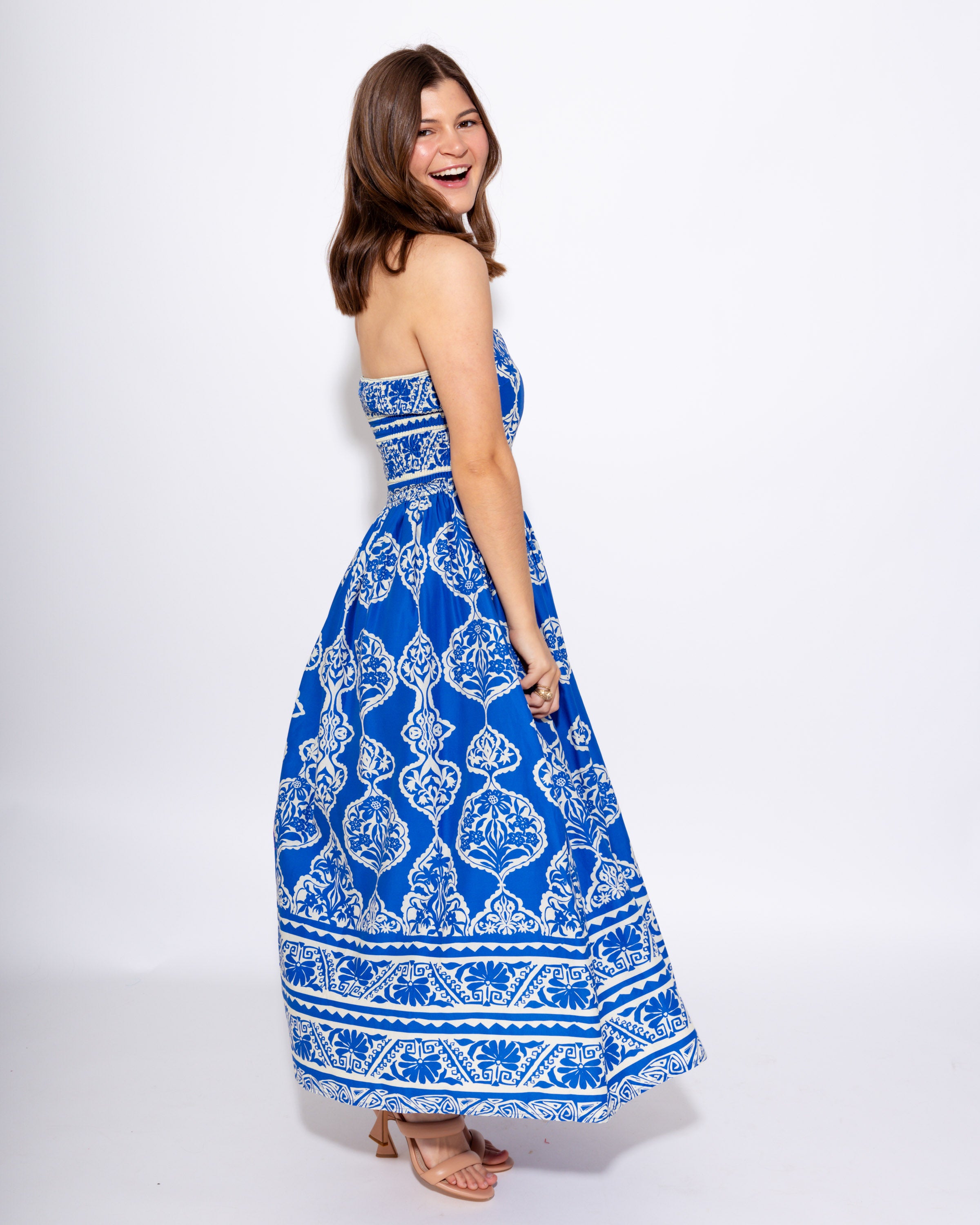 Royal Blue Strapless Smocked Midi Dress
