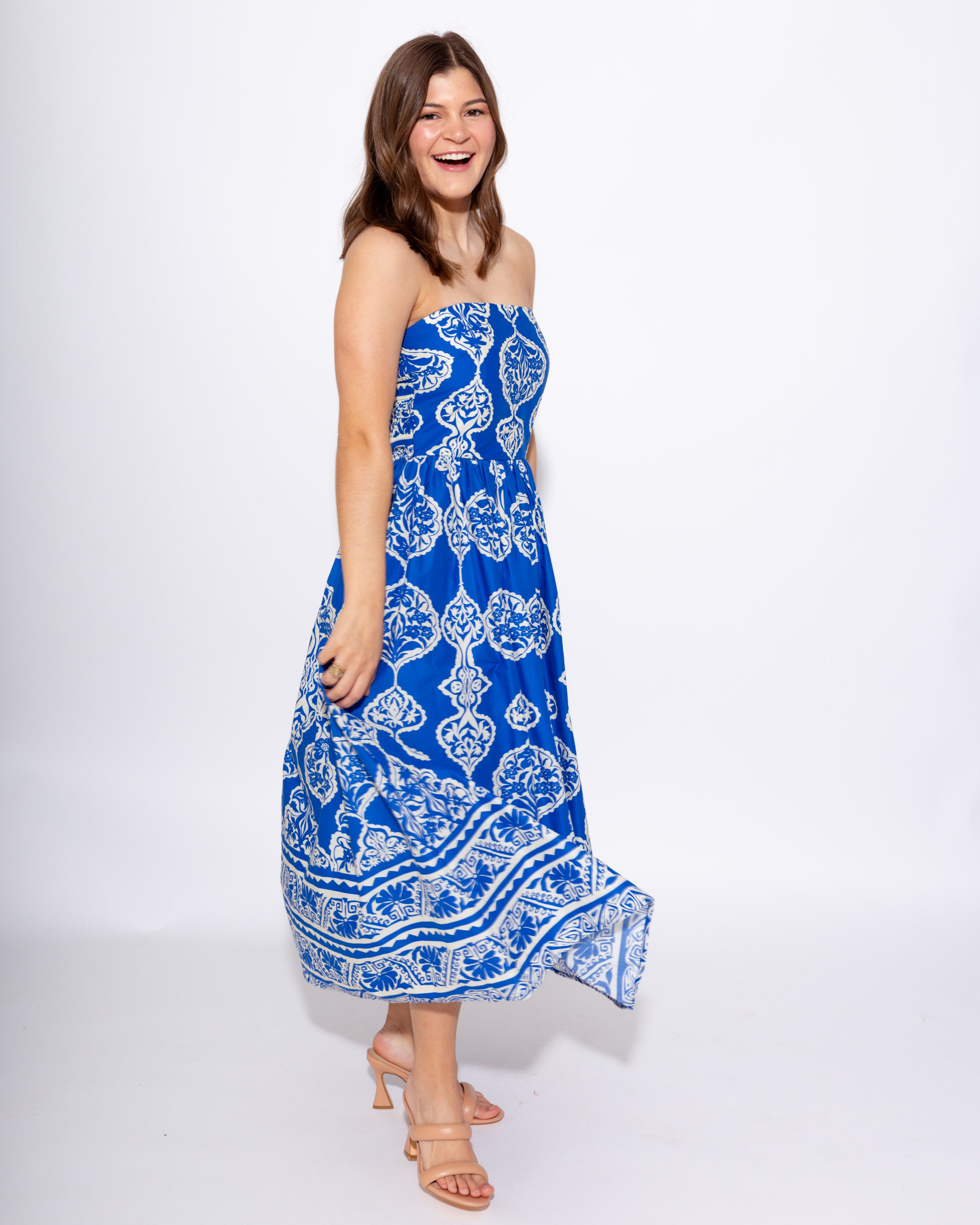 Royal Blue Strapless Smocked Midi Dress