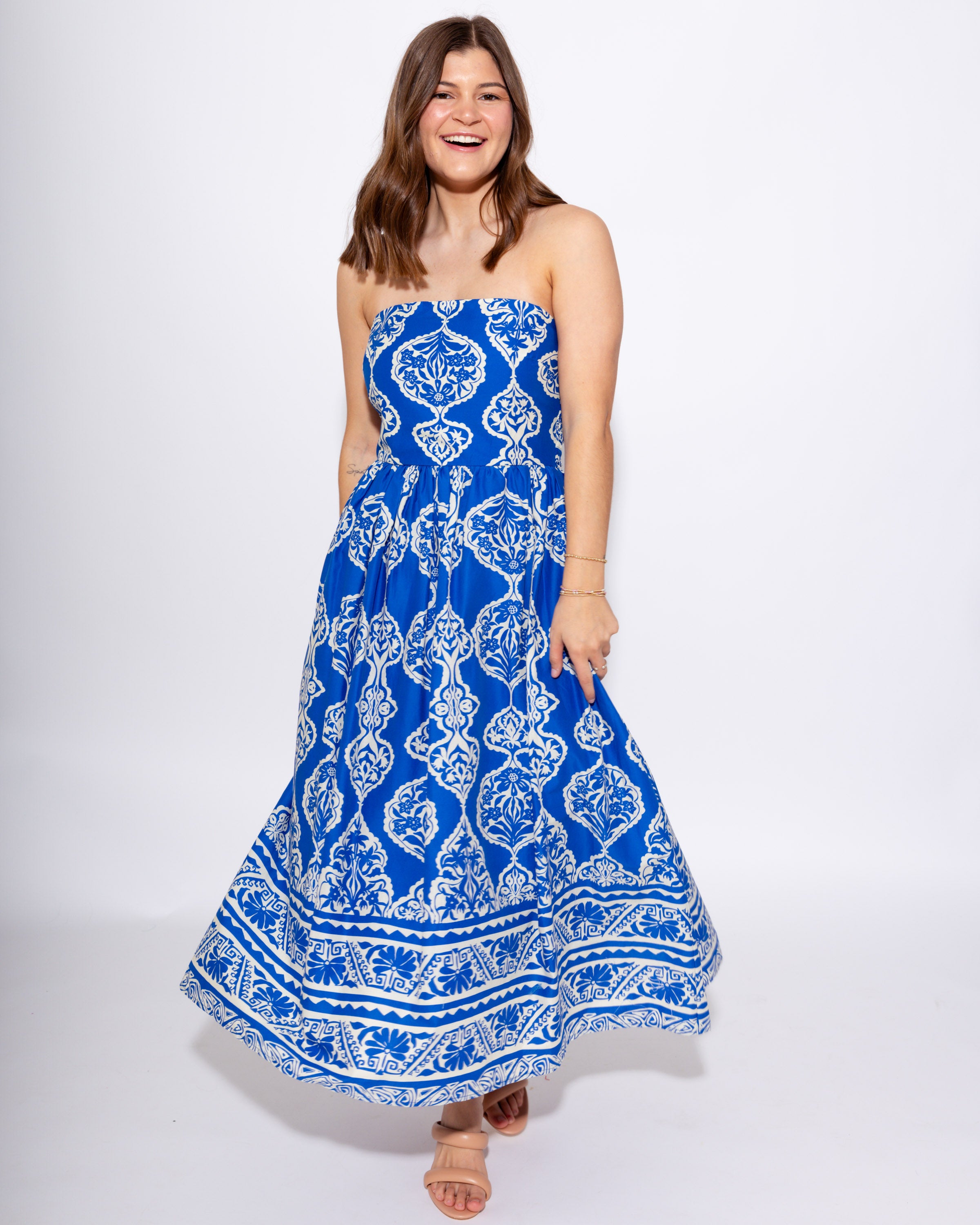 Royal Blue Strapless Smocked Midi Dress