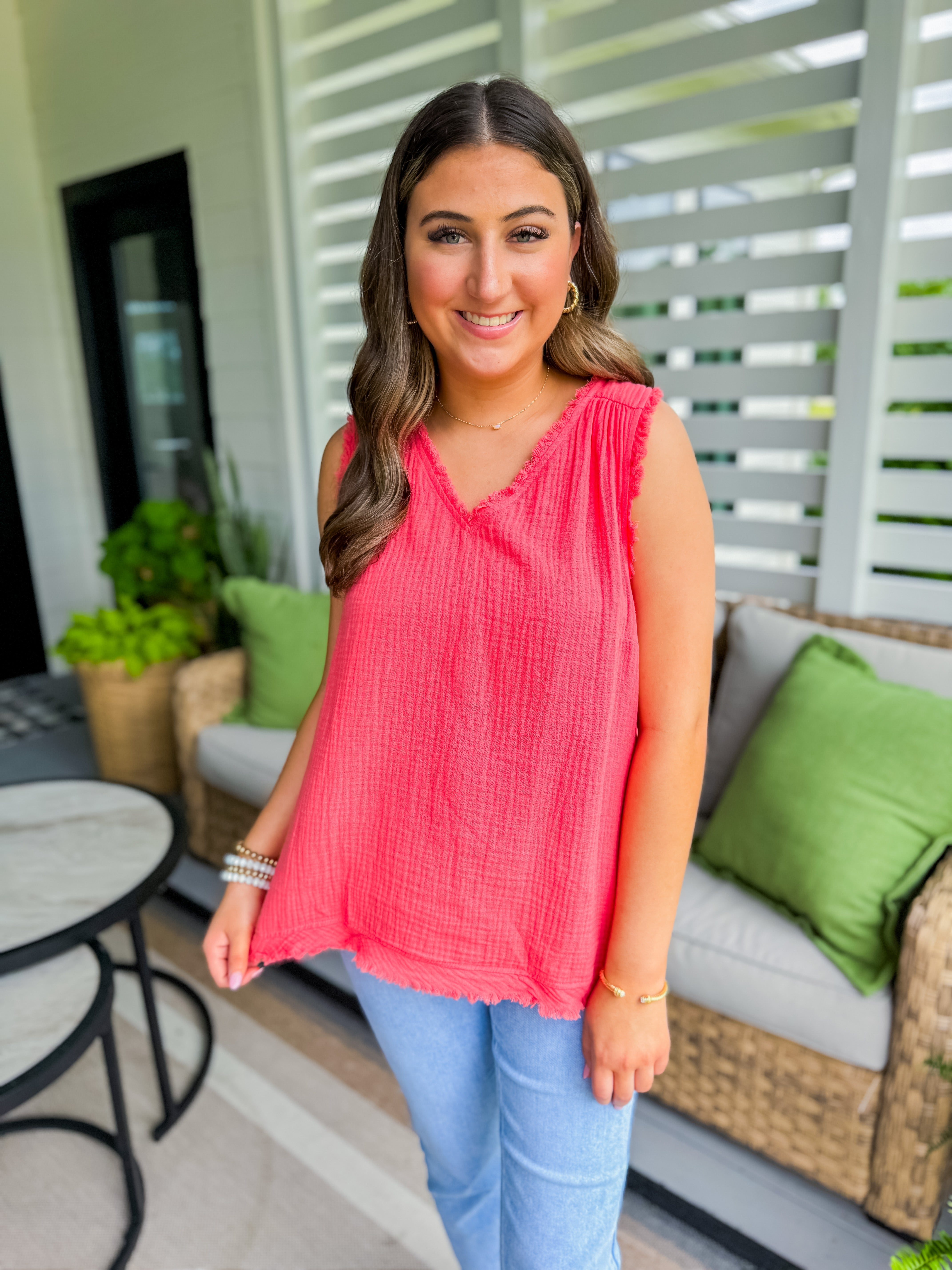 Cotton Gauze Sleeveless Top in Coral