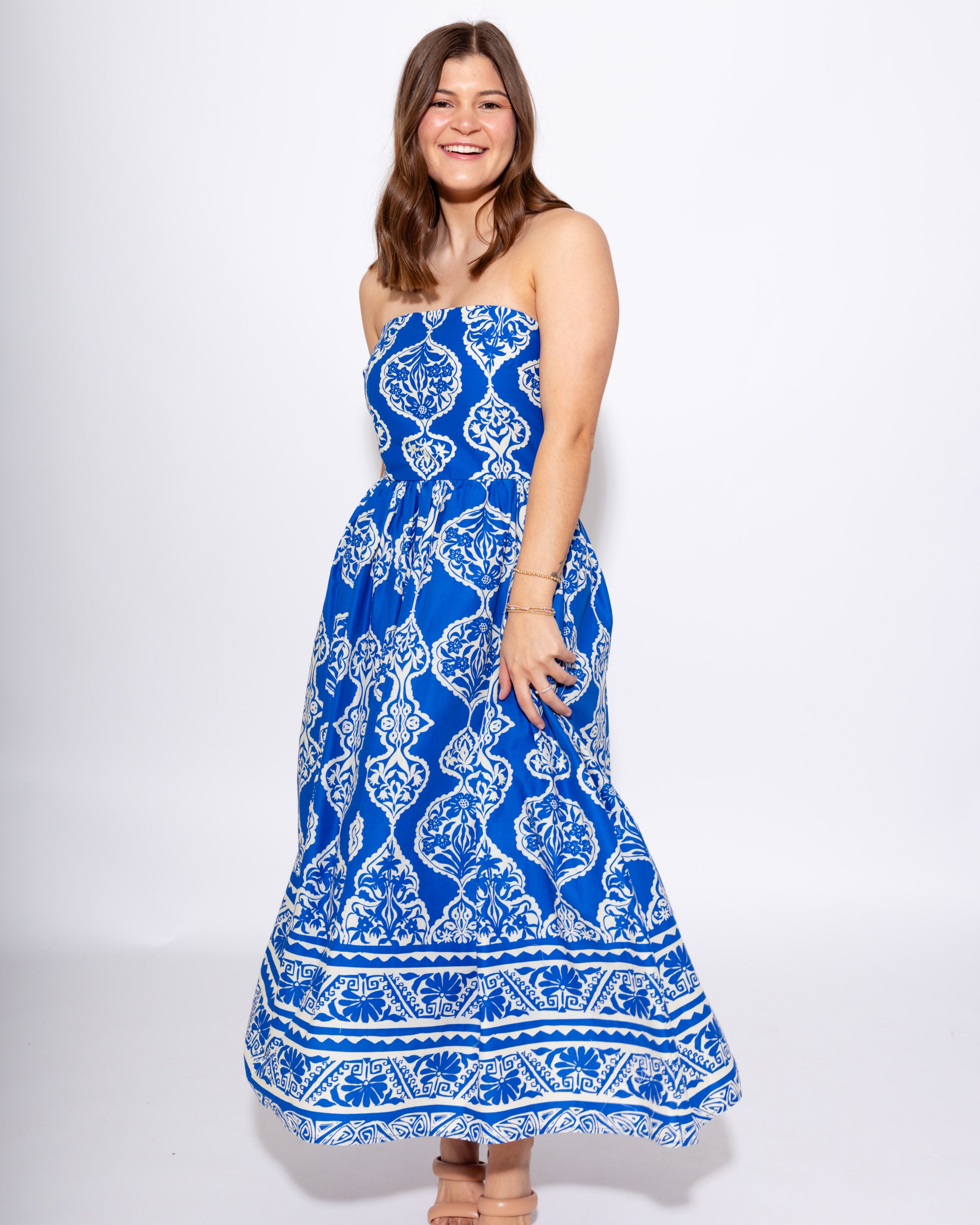 Royal Blue Strapless Smocked Midi Dress