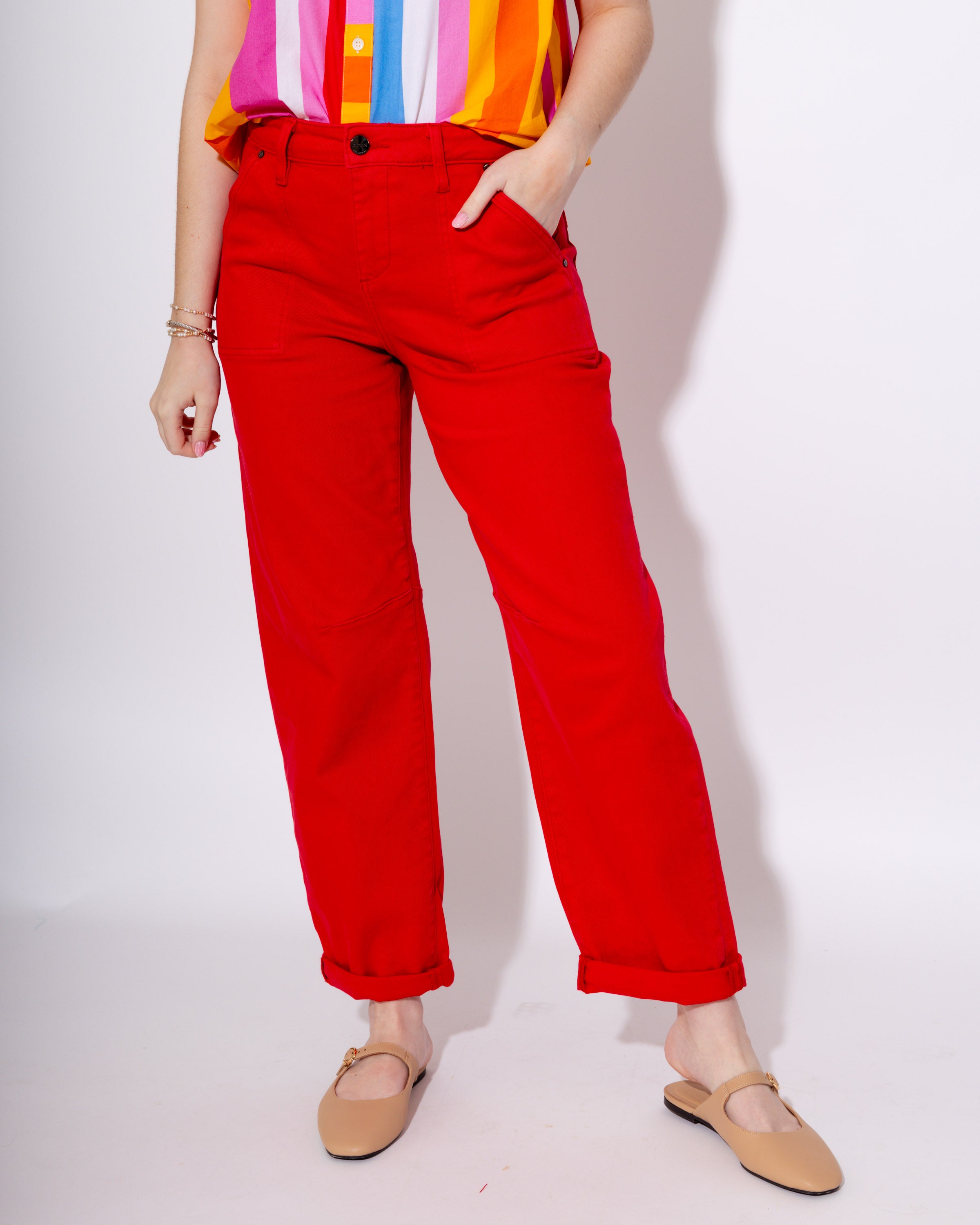 Risen | High Rise Ankle Barrel Pants in Scarlett