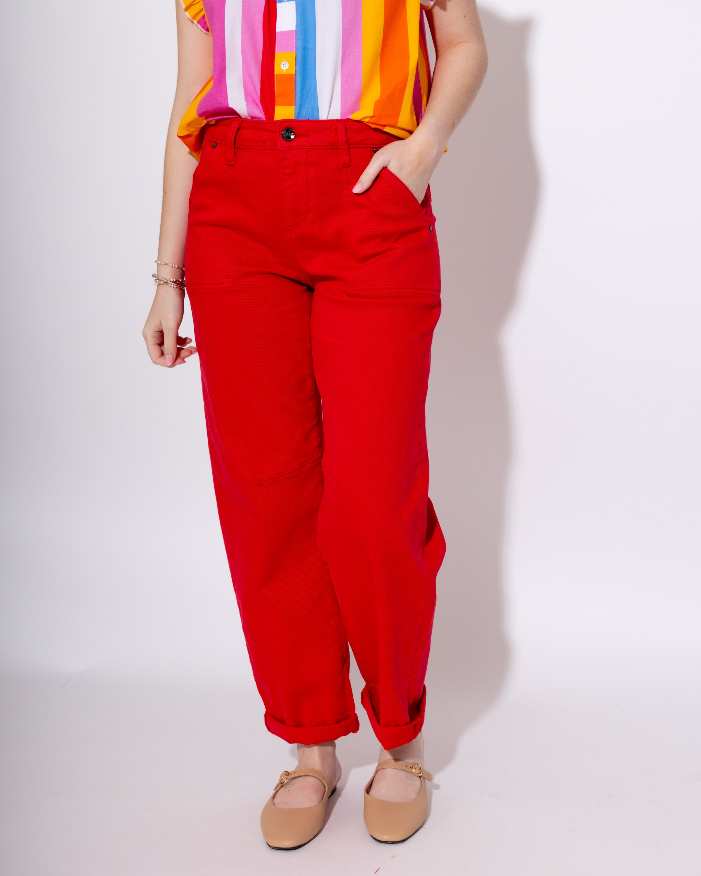 Risen | High Rise Ankle Barrel Pants in Scarlett