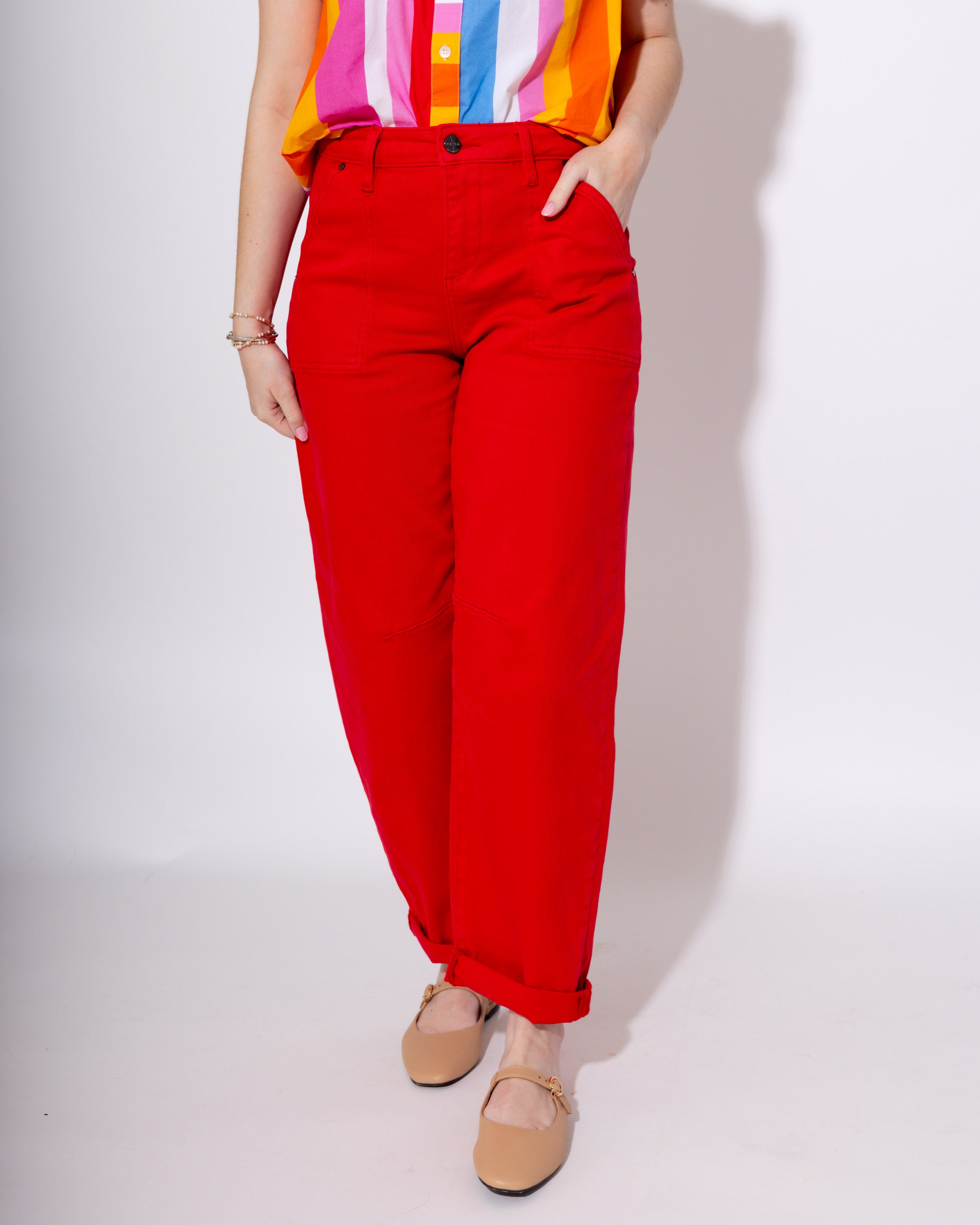 Risen | High Rise Ankle Barrel Pants in Scarlett