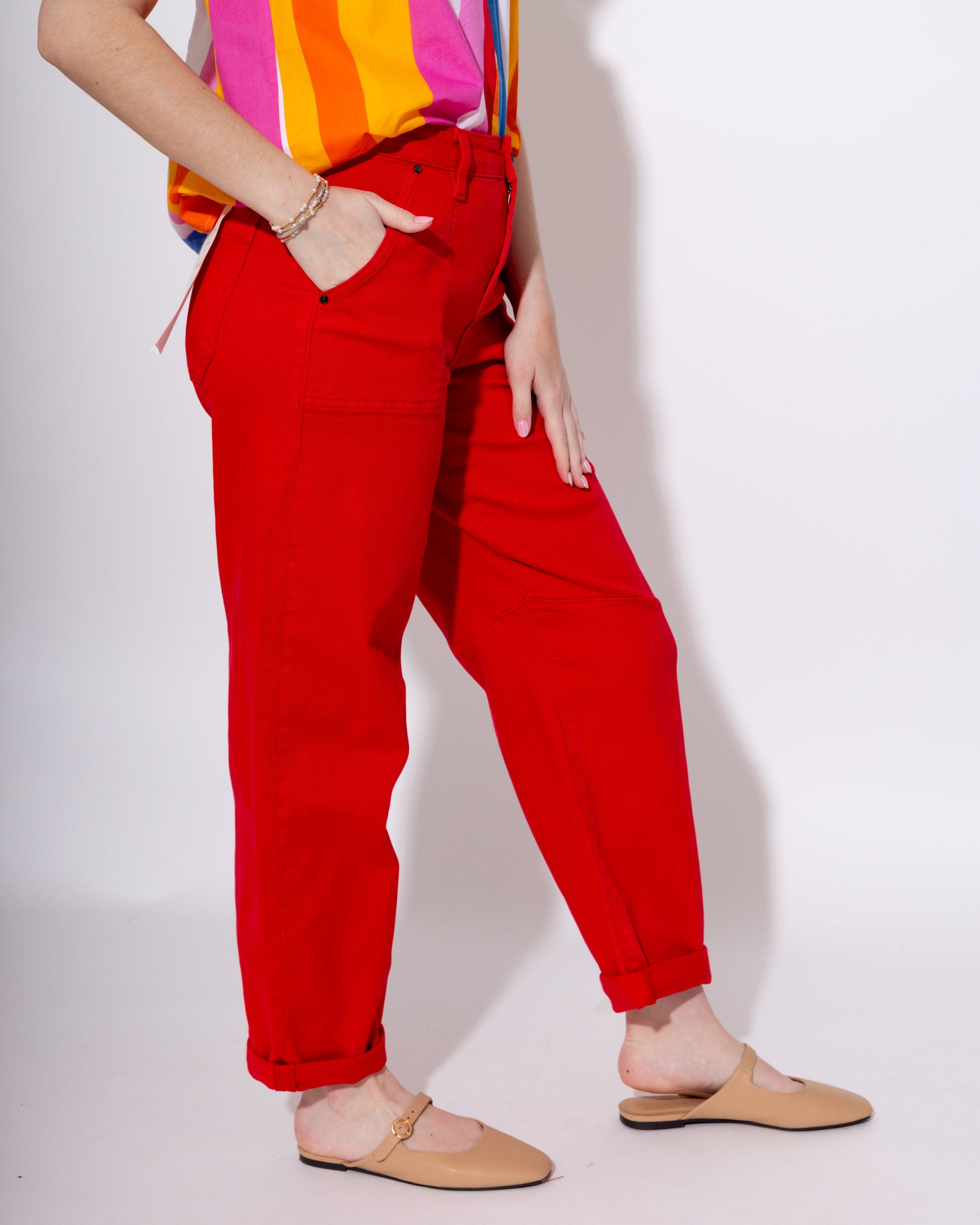Risen | High Rise Ankle Barrel Pants in Scarlett
