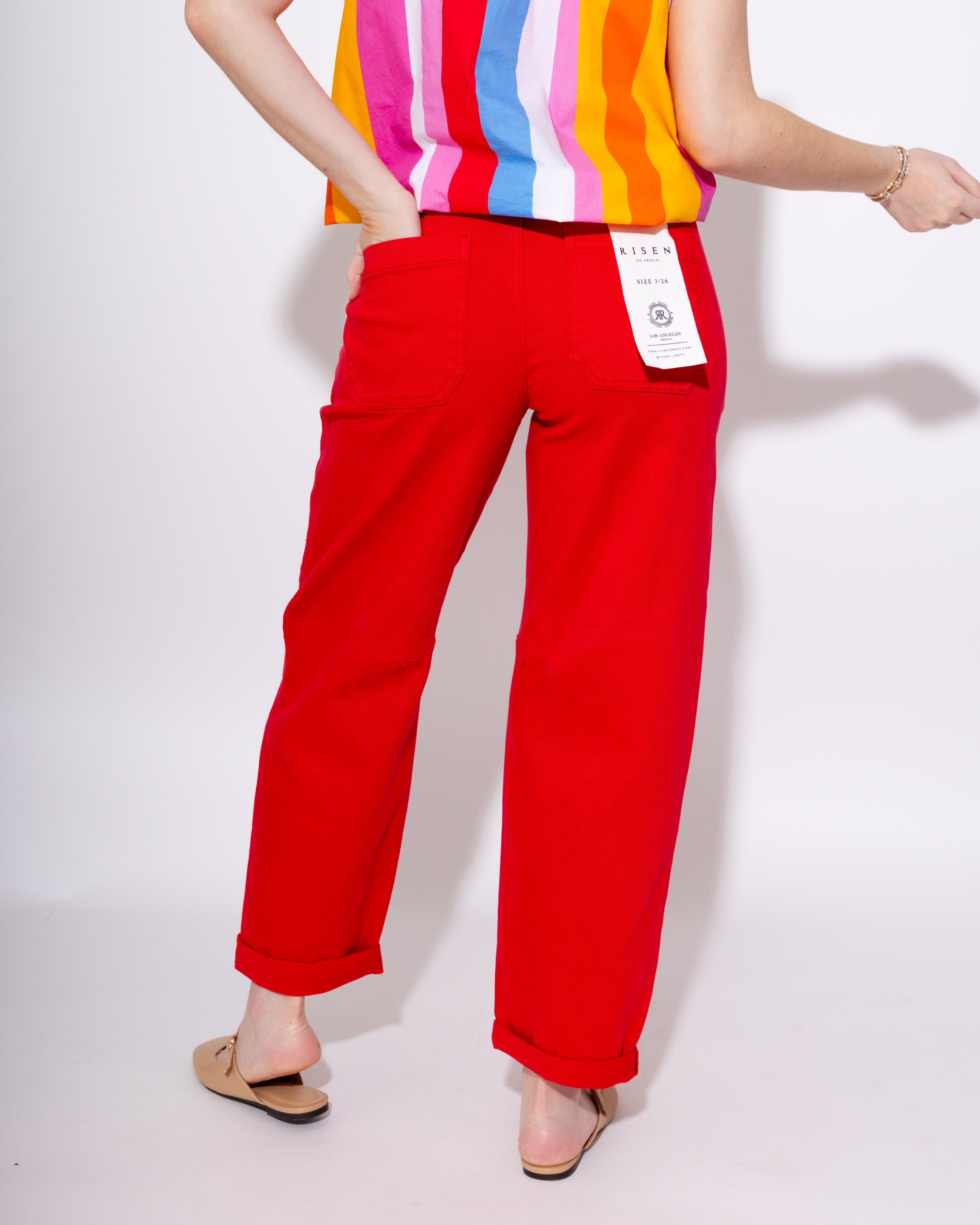 Risen | High Rise Ankle Barrel Pants in Scarlett