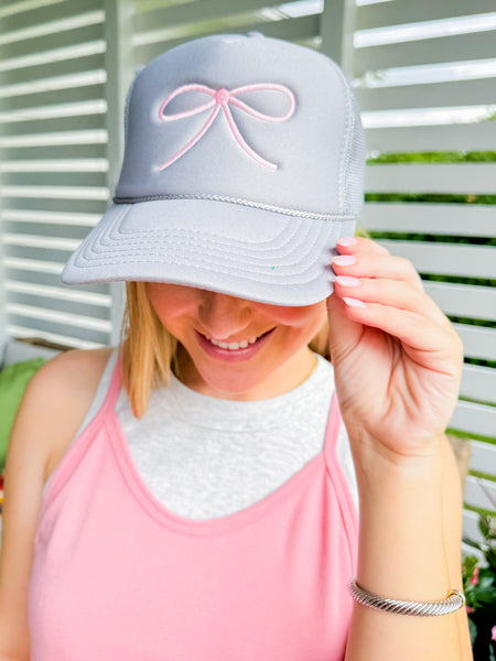 Pink Bow Grey Trucker Hat — Gaudie and Company