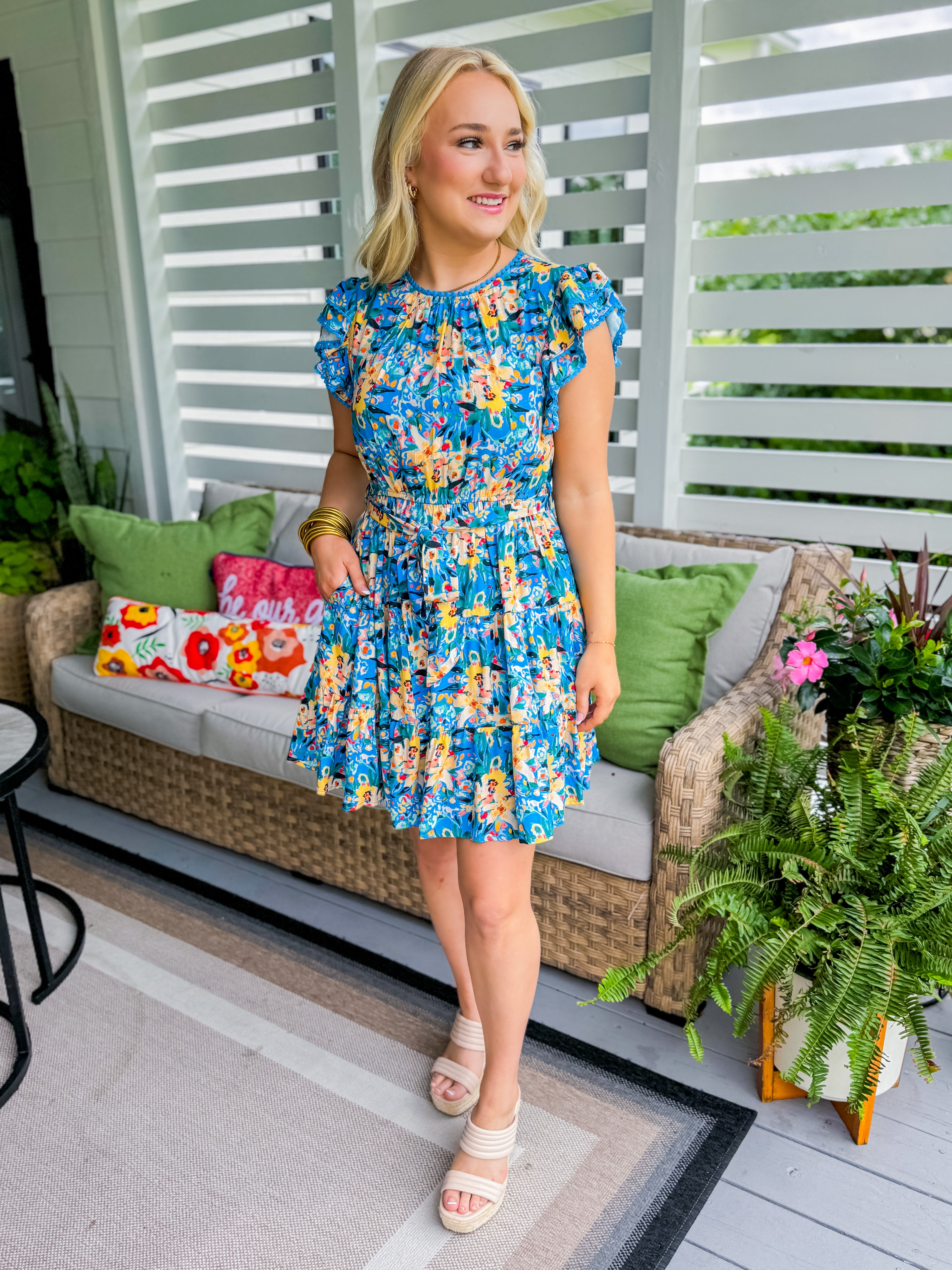 Multi Floral Mini Dress in Turquoise