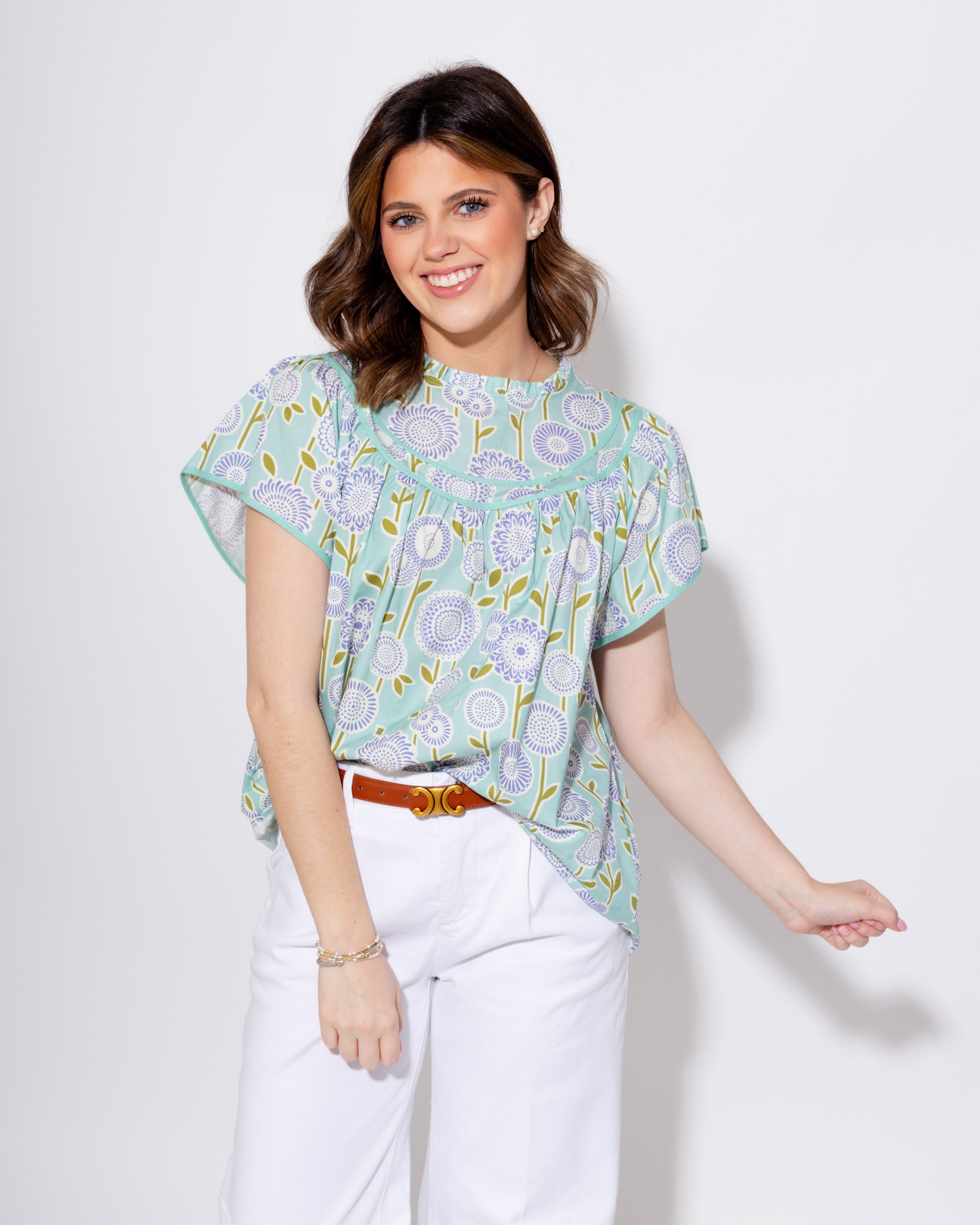 Retro Floral Smocked Top in Mint