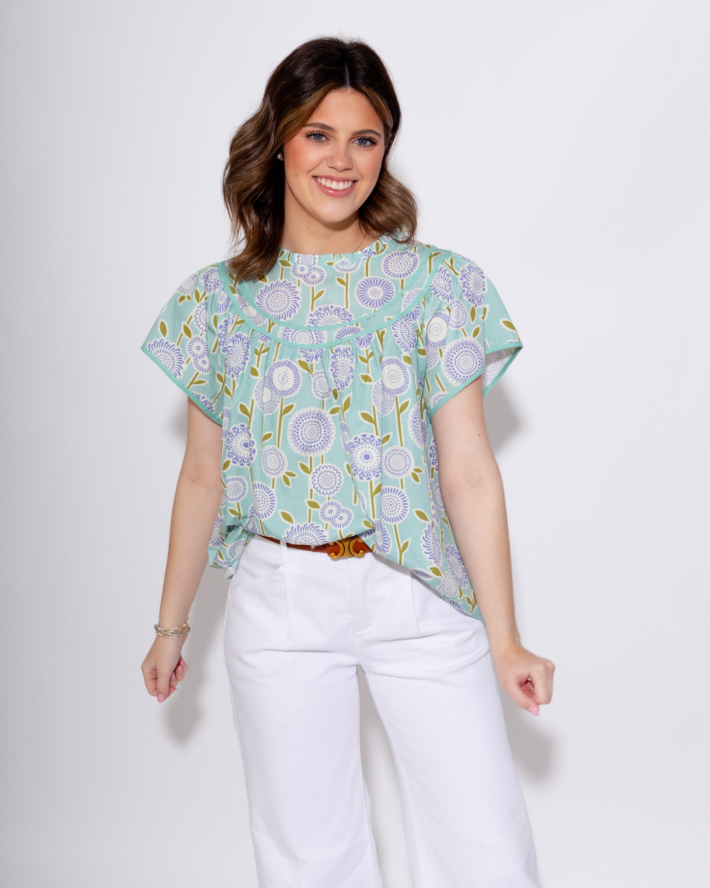 Retro Floral Smocked Top in Mint
