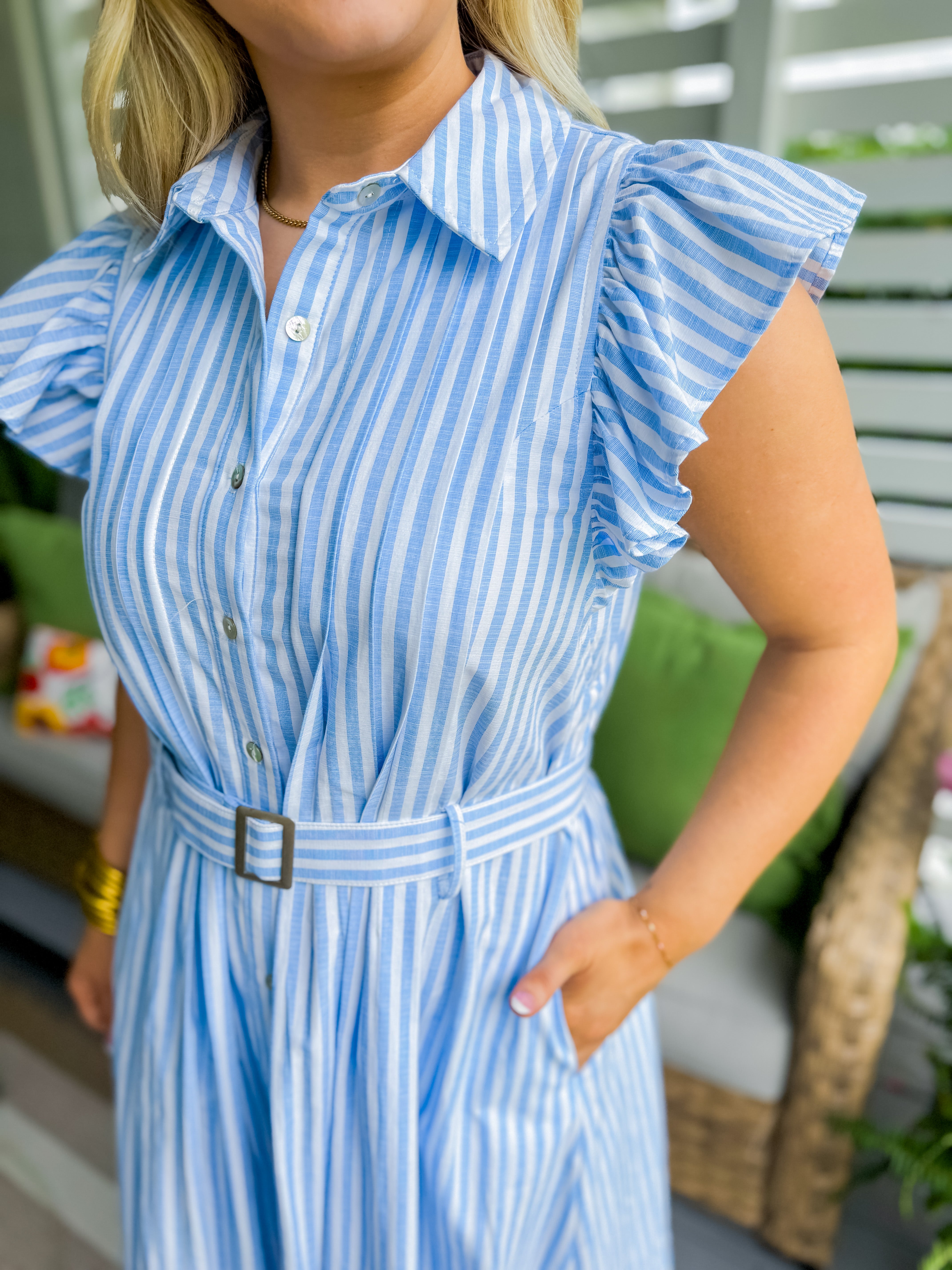 Stripe Print Button Down Ruffle Sleeve Midi Dress in Blue