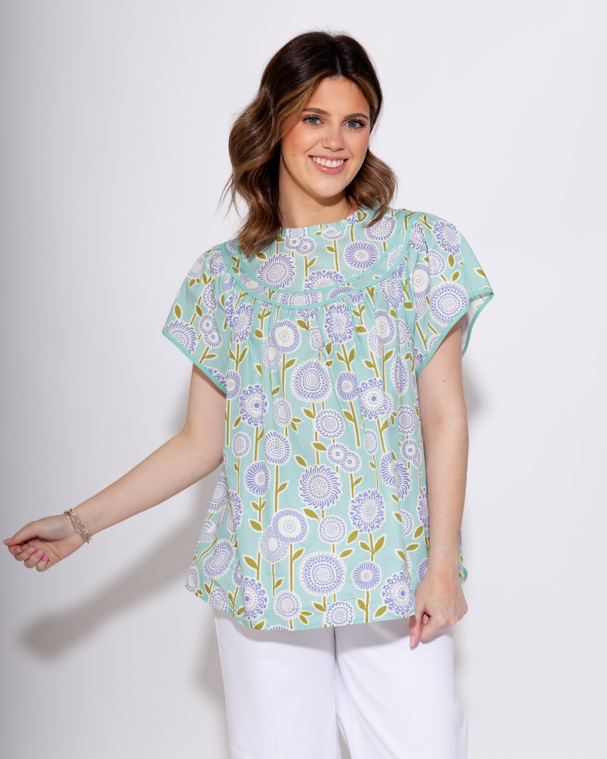 Retro Floral Smocked Top in Mint