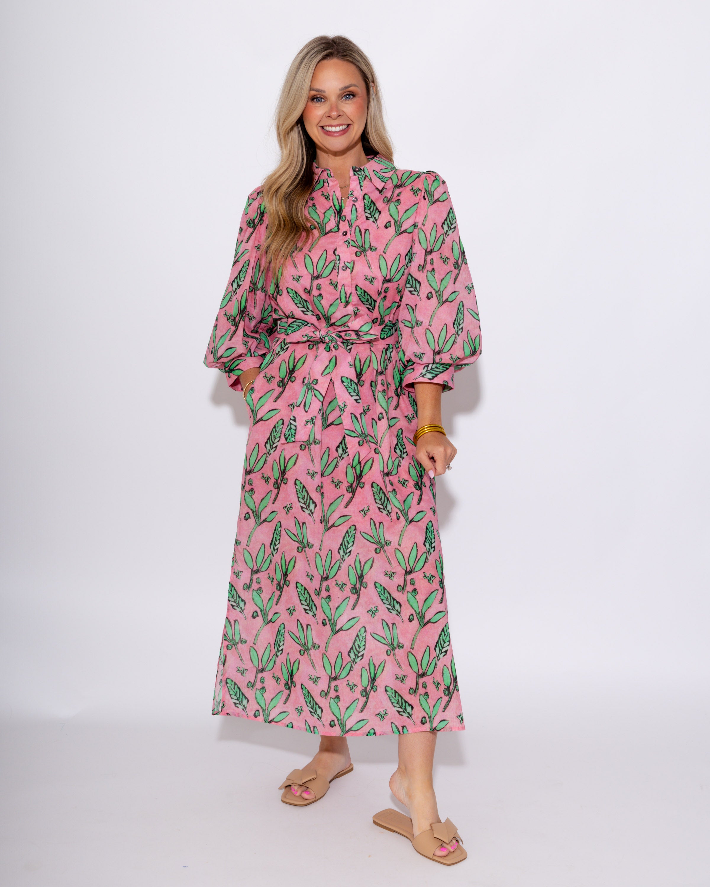 Pink Botanical Belted Midi Dress
