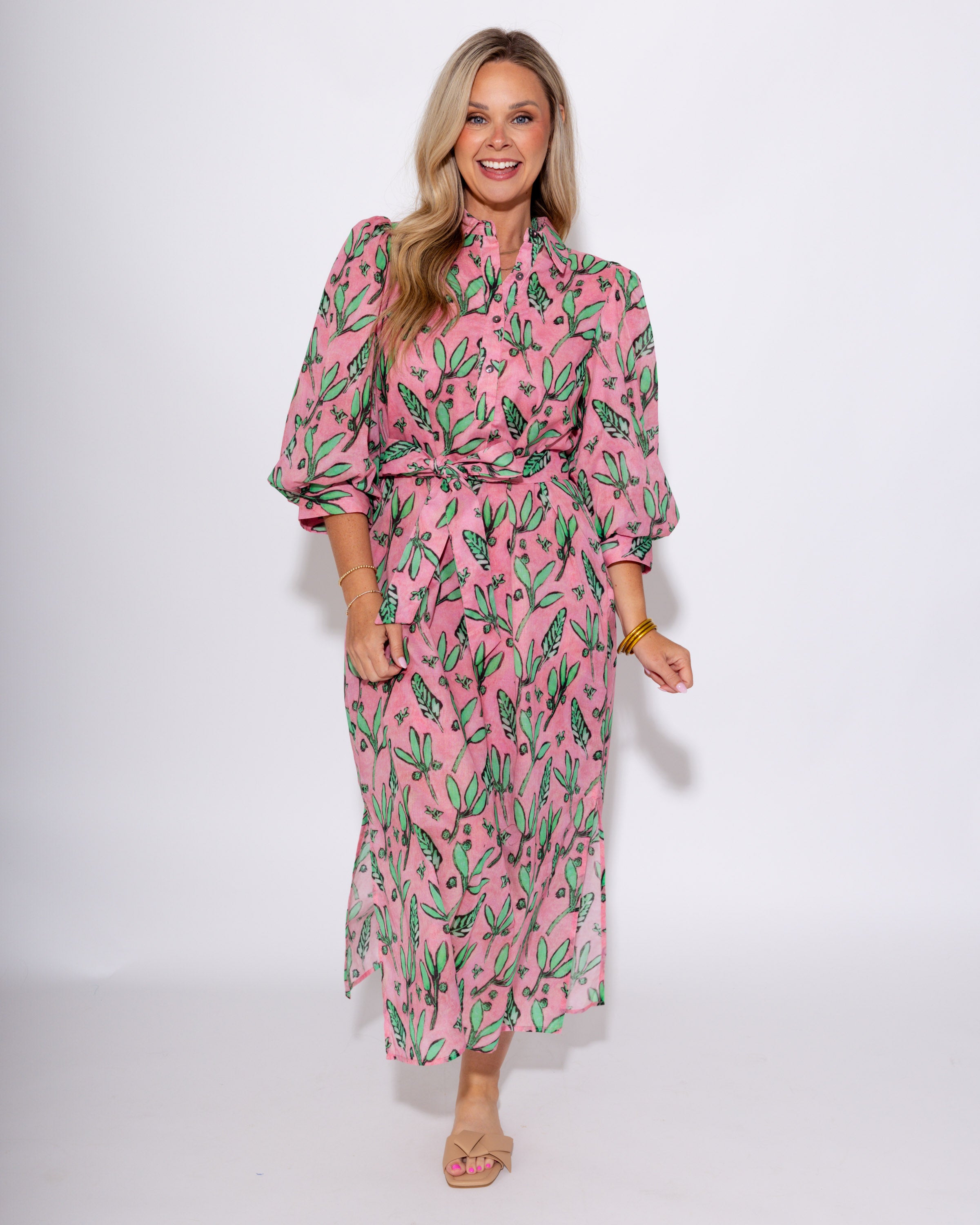 Pink Botanical Belted Midi Dress