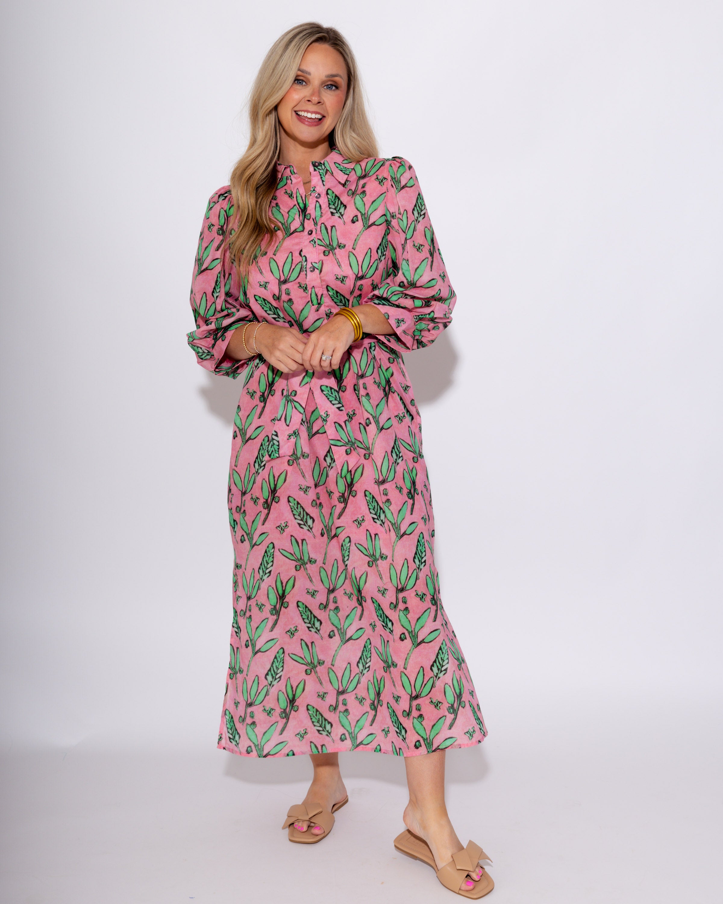 Pink Botanical Belted Midi Dress