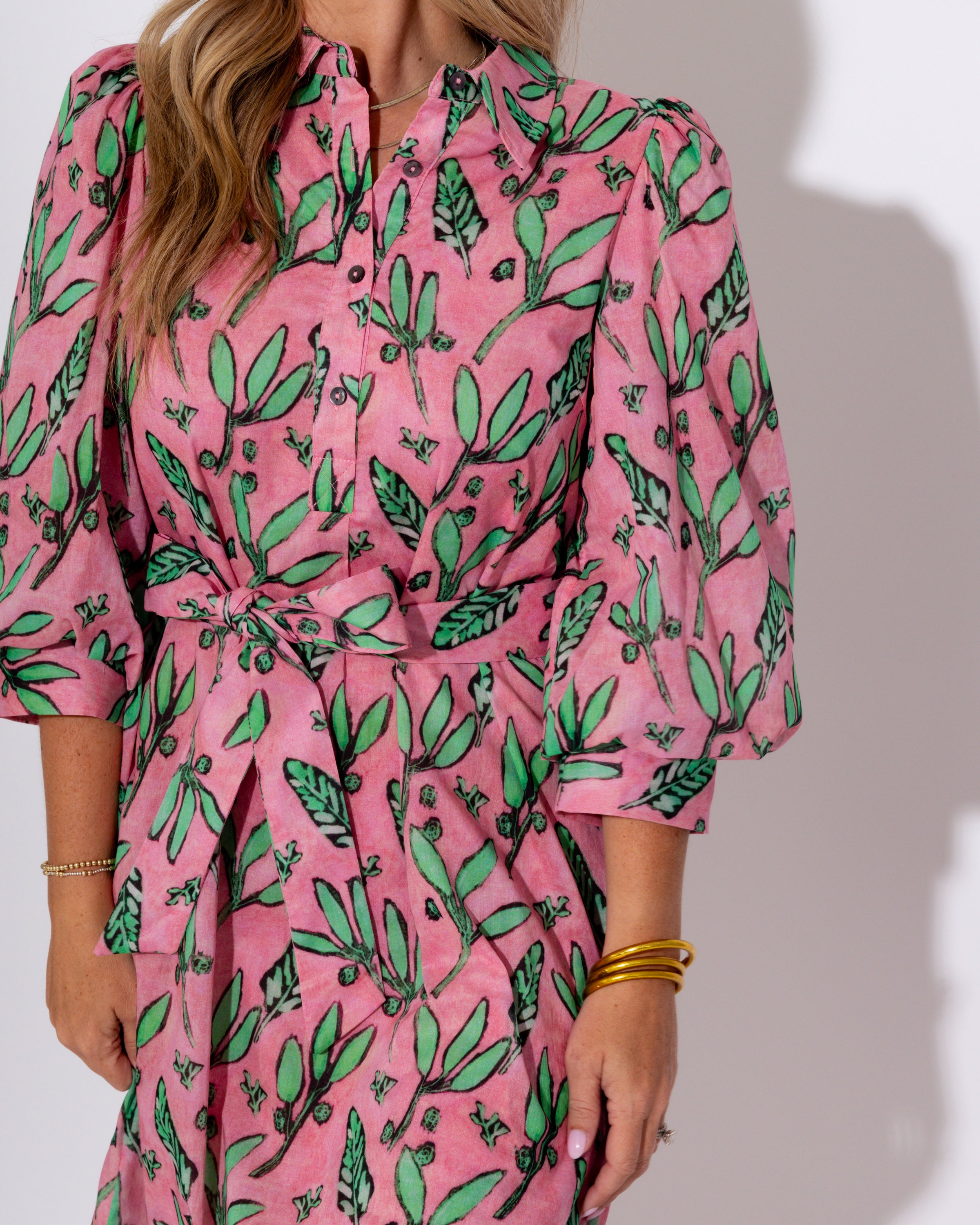 Pink Botanical Belted Midi Dress