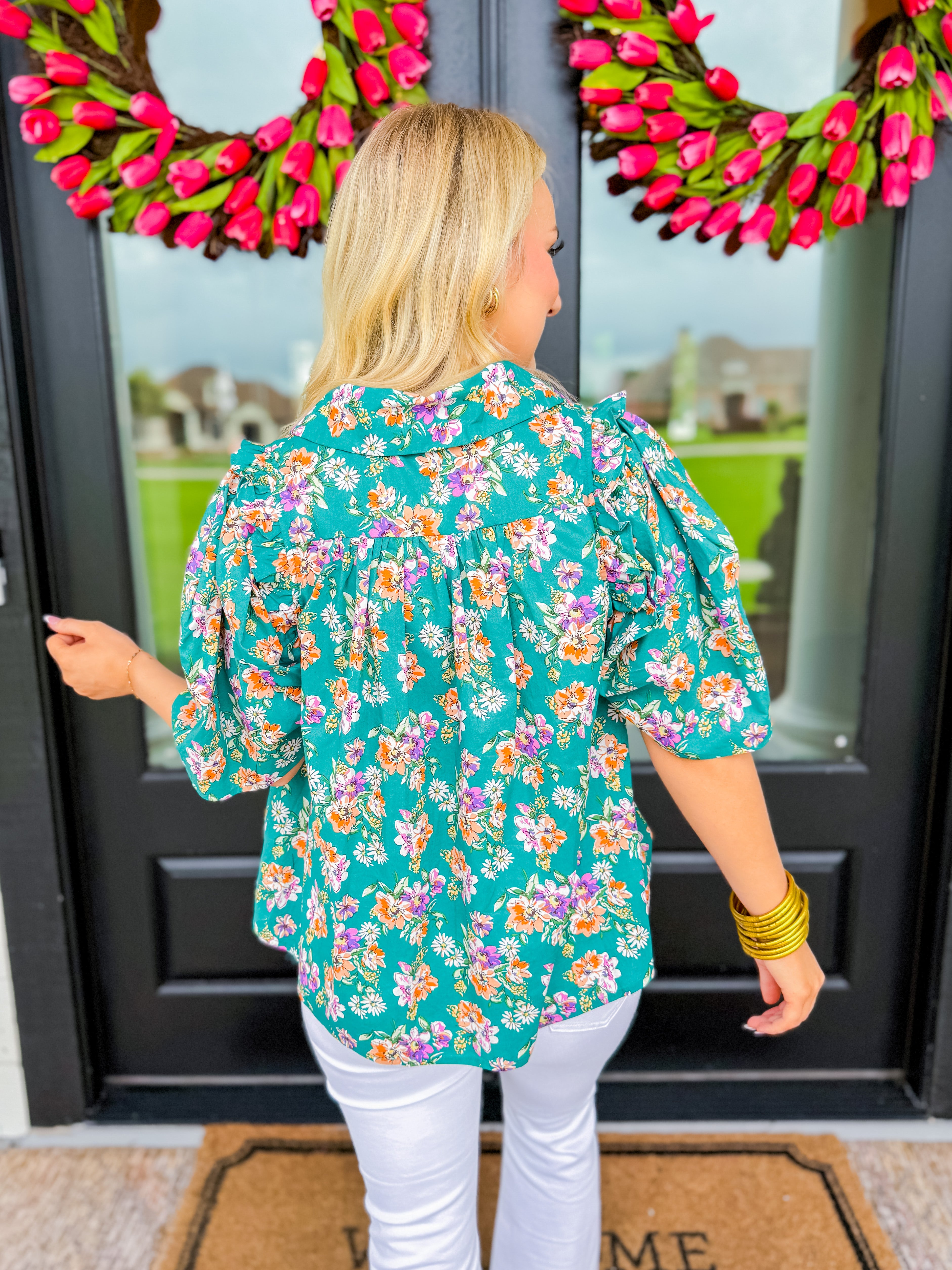 Green Floral Button Down Swing Top