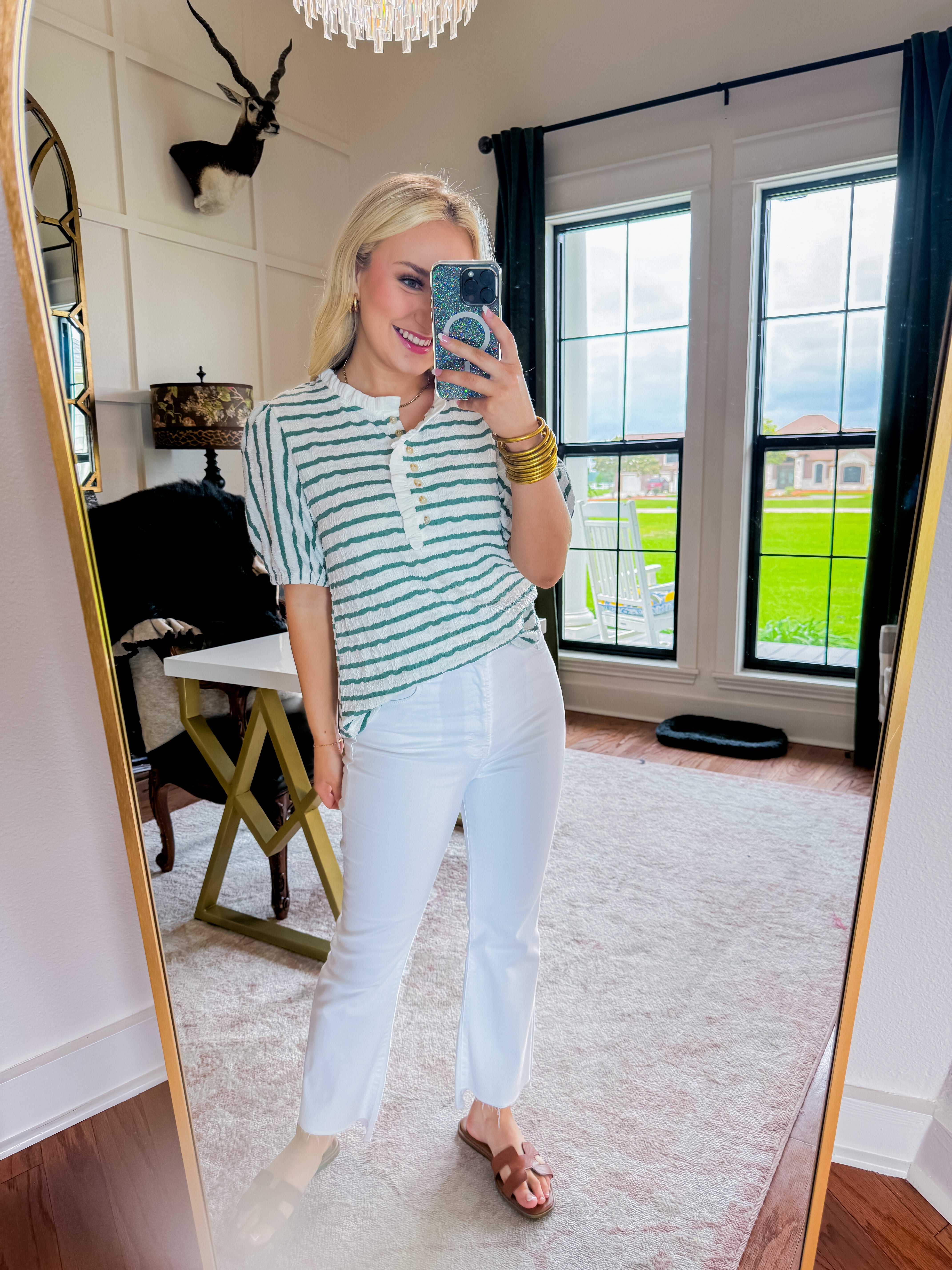 Ruffled Neck Button Up Striped Top