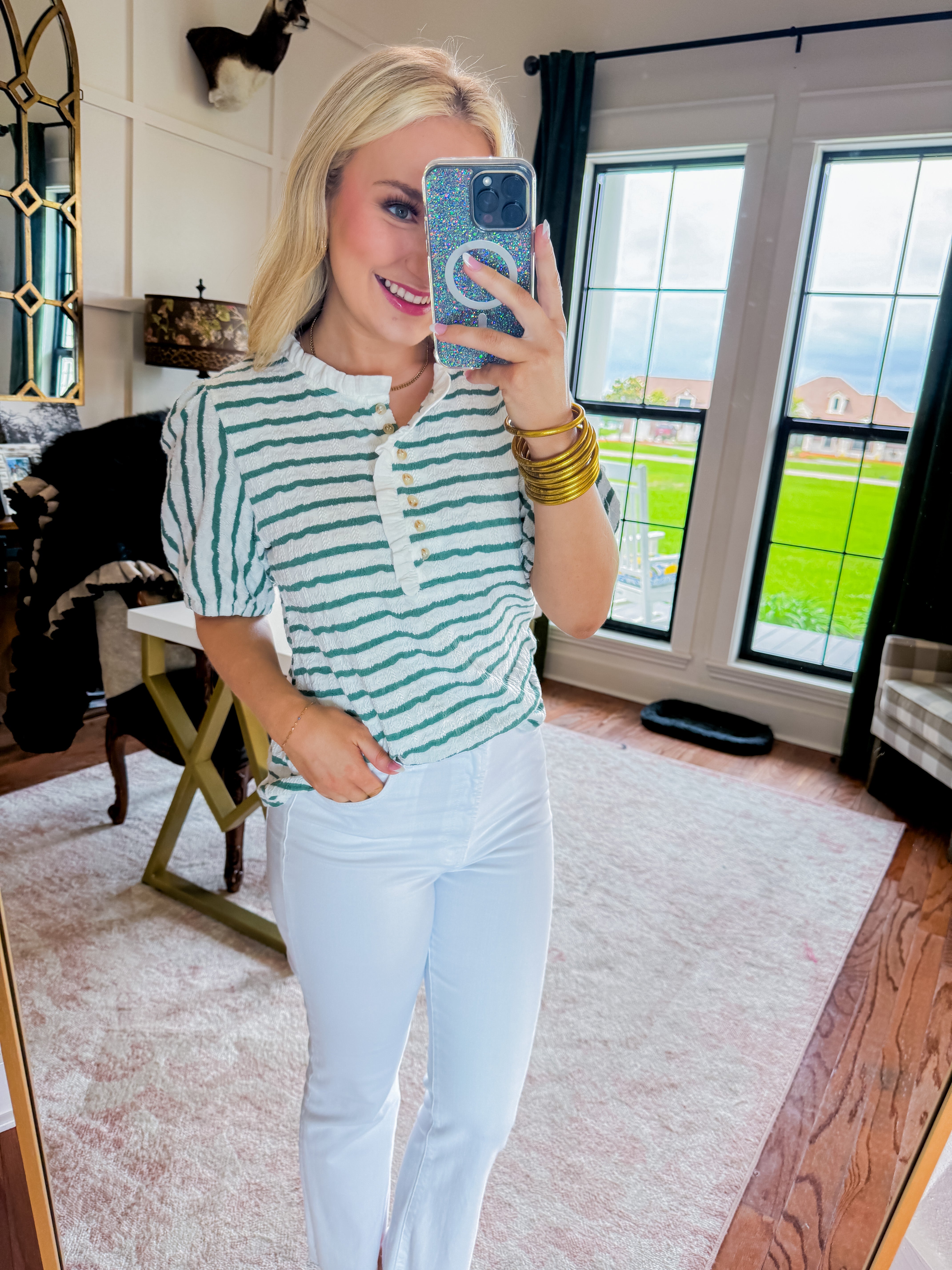 Ruffled Neck Button Up Striped Top