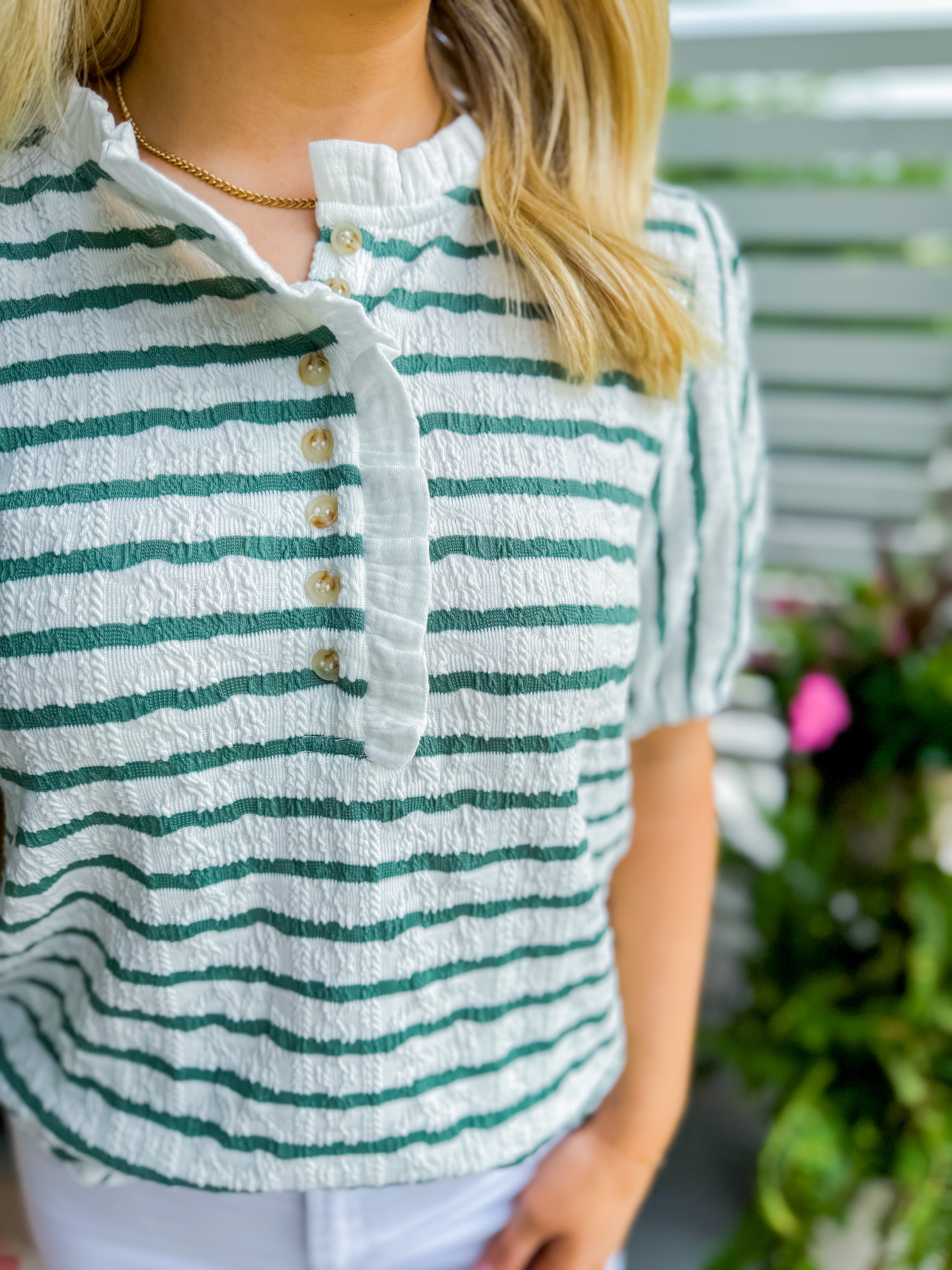 Ruffled Neck Button Up Striped Top