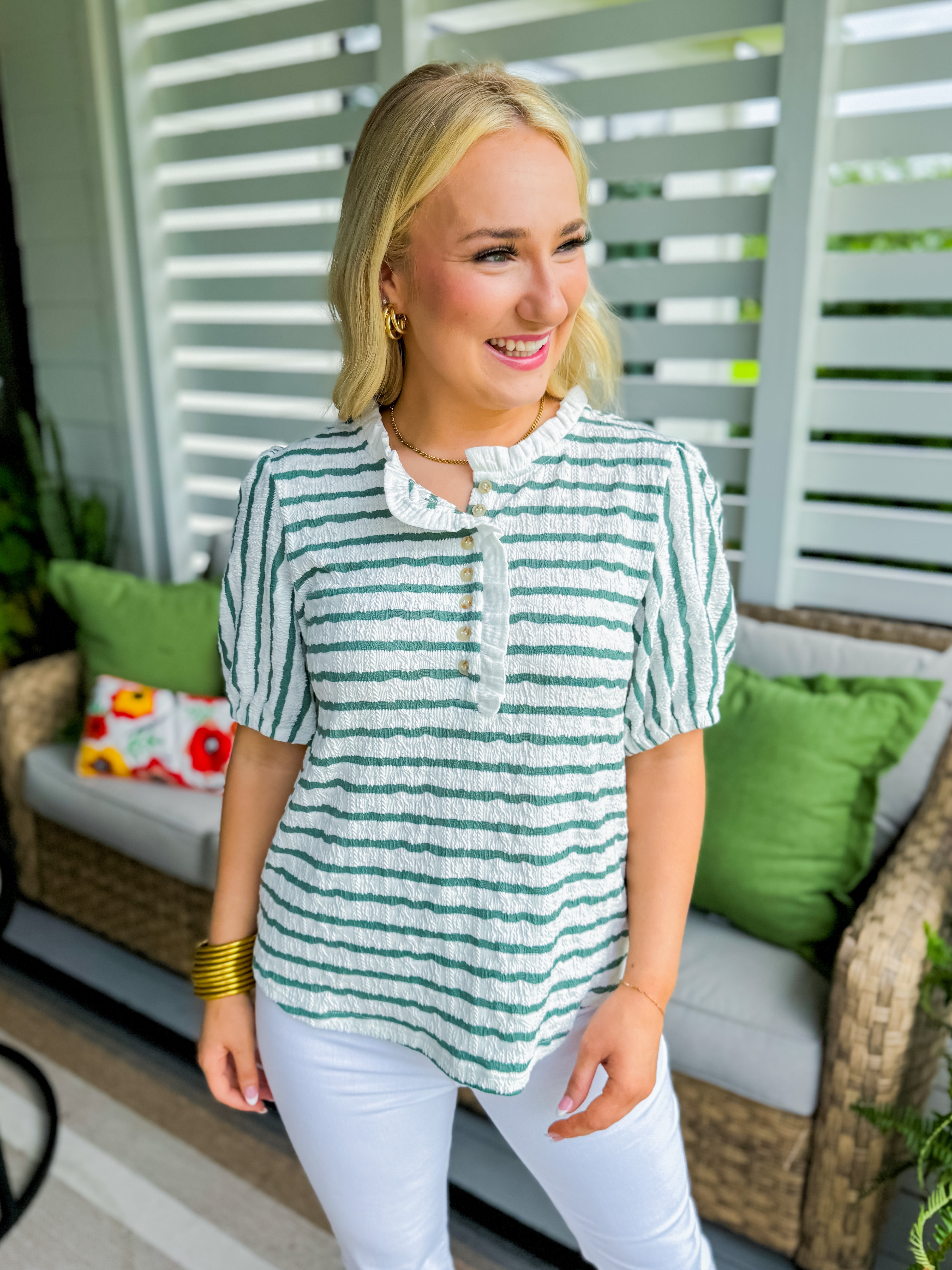 Ruffled Neck Button Up Striped Top