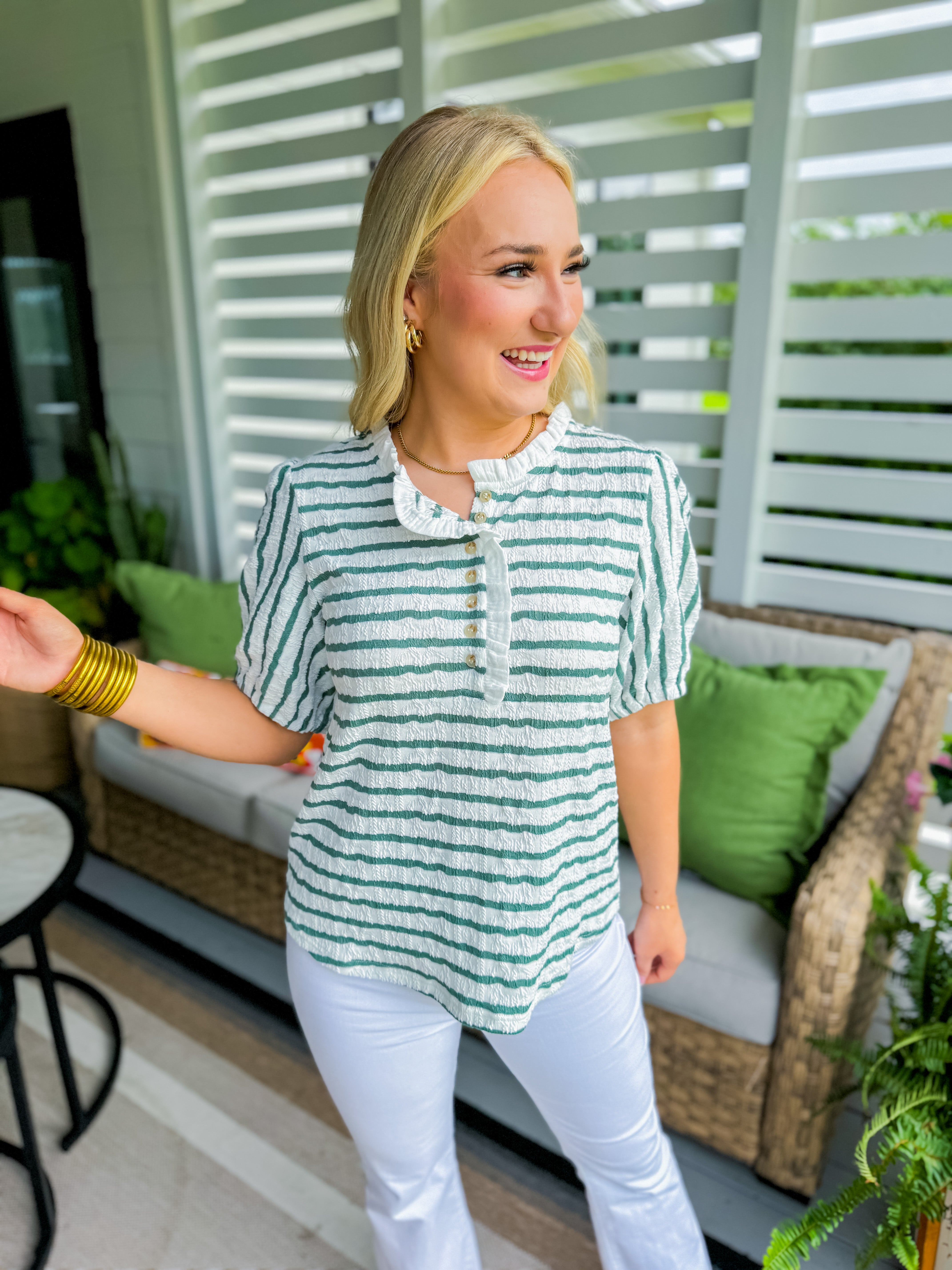 Ruffled Neck Button Up Striped Top