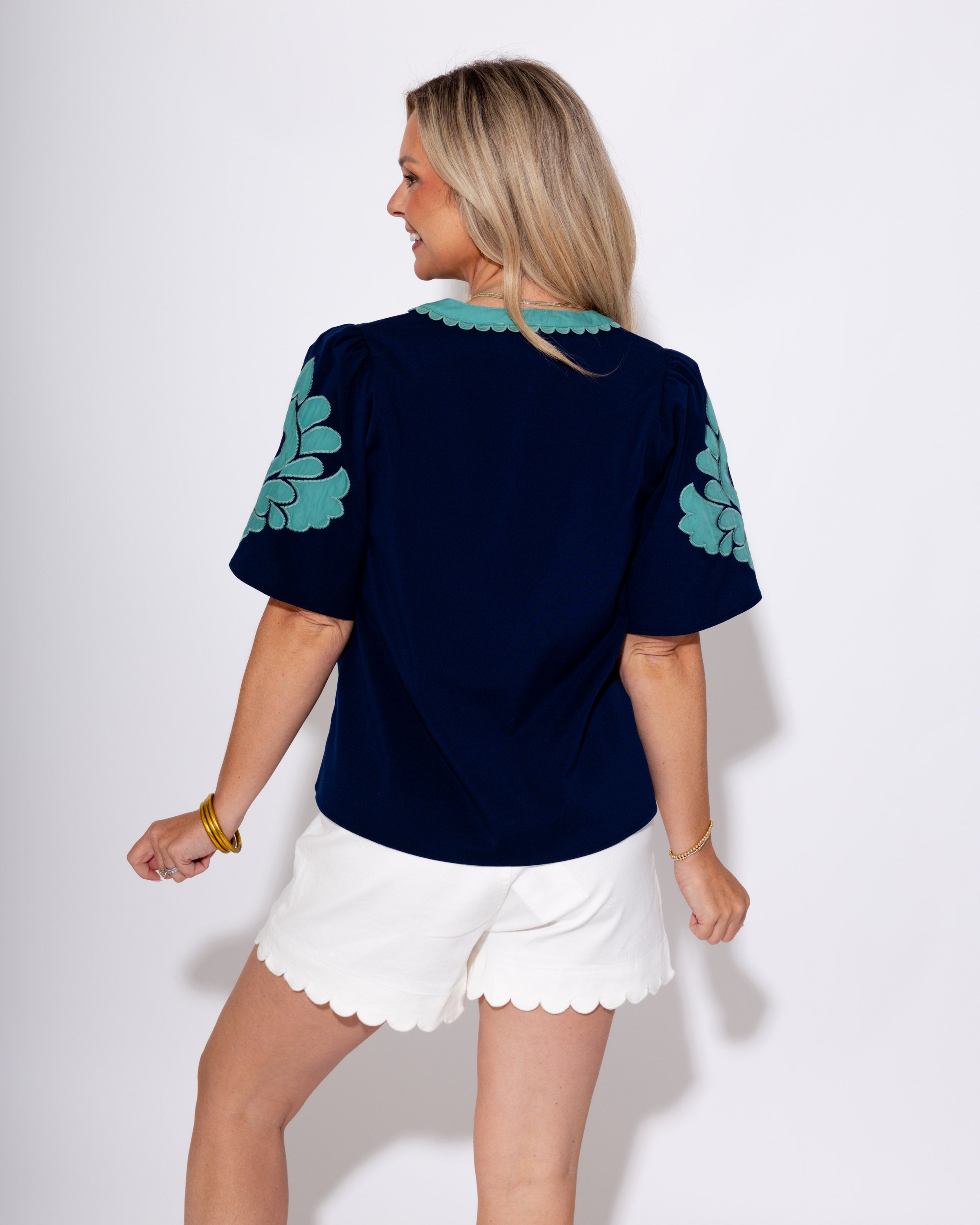 Baroque Appliqué Puff Sleeve Top in Navy