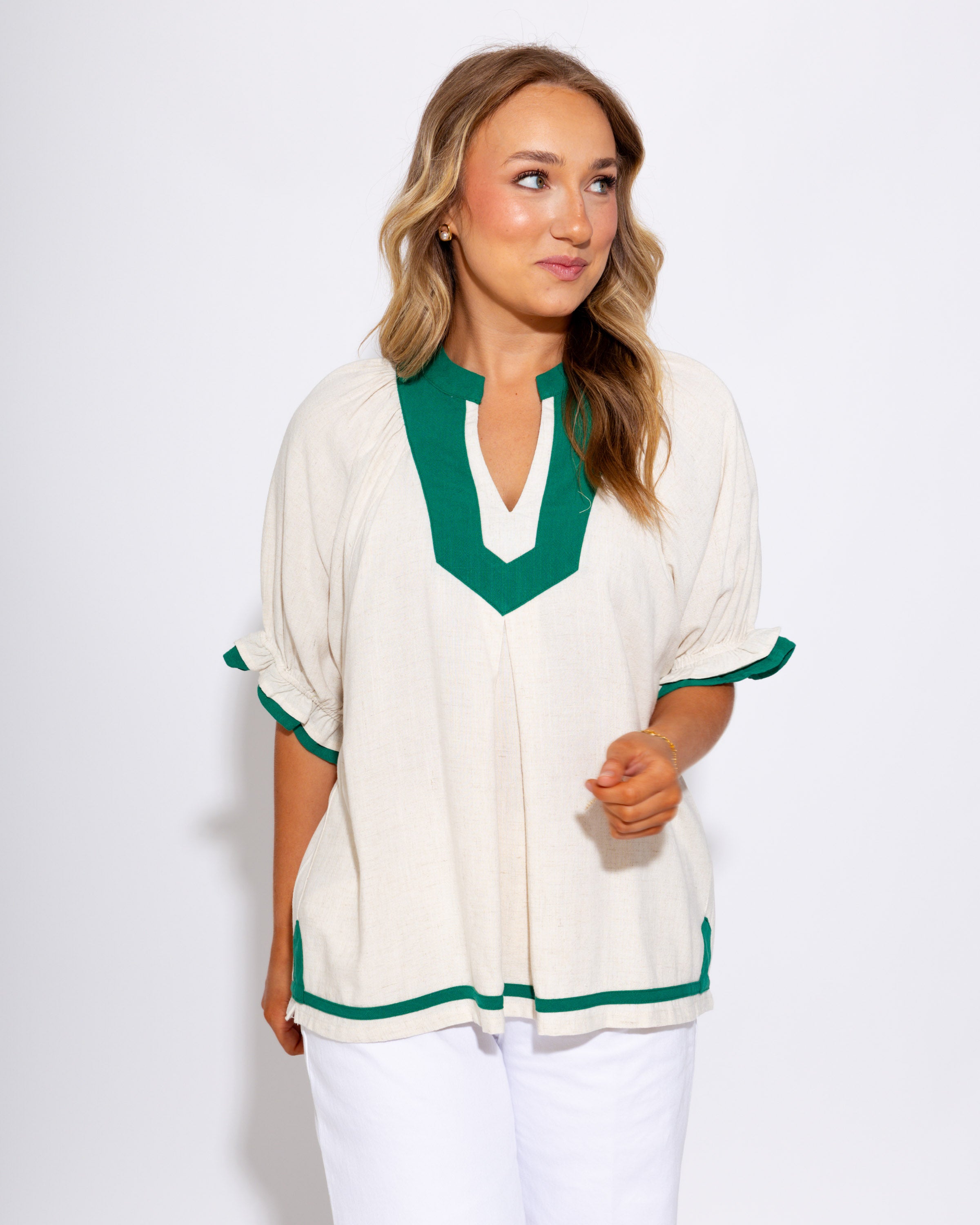 Linen Top with Contrast Trim in Oatmeal