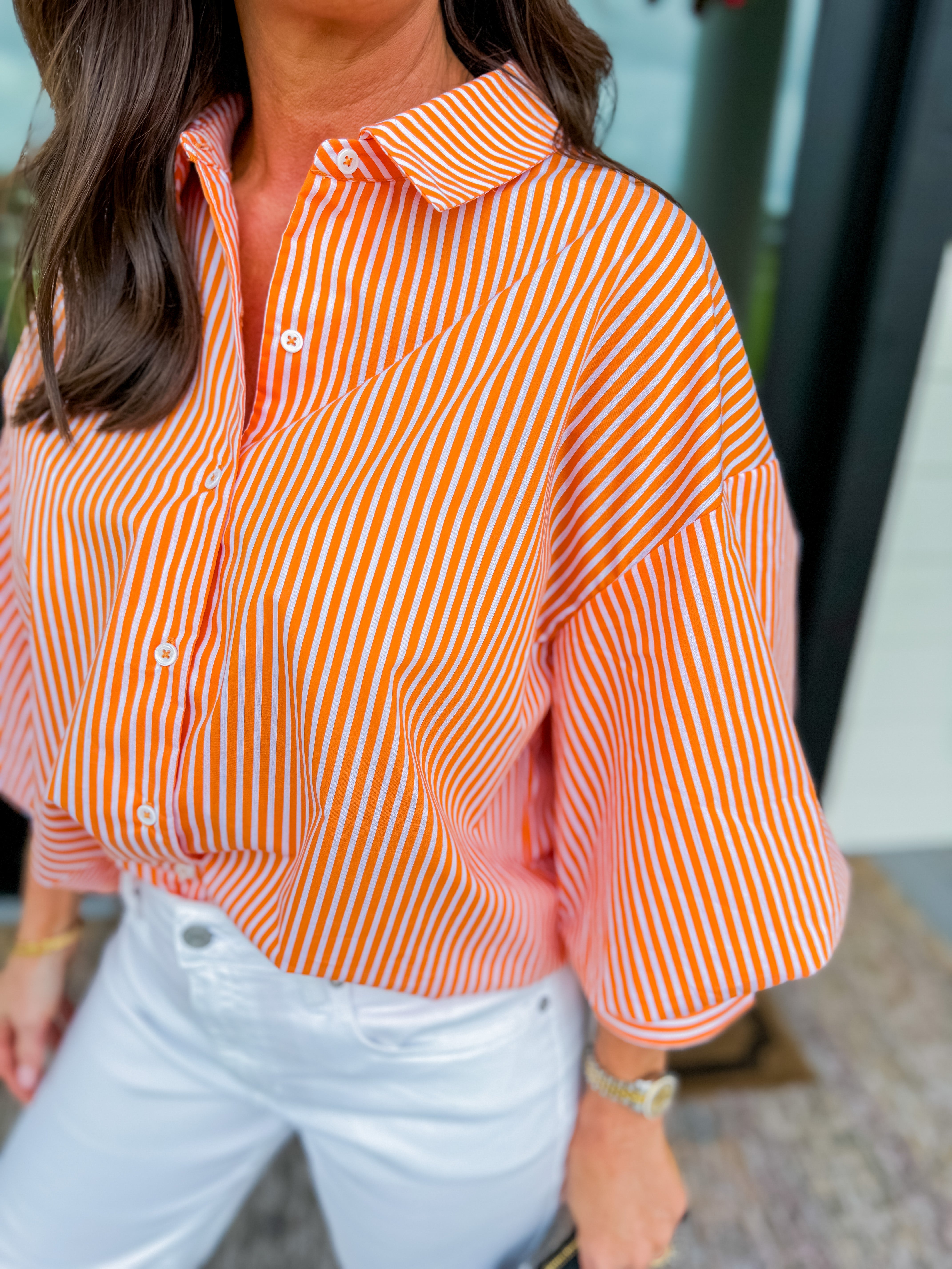 Orange Striped Balloon Sleeve Shirt