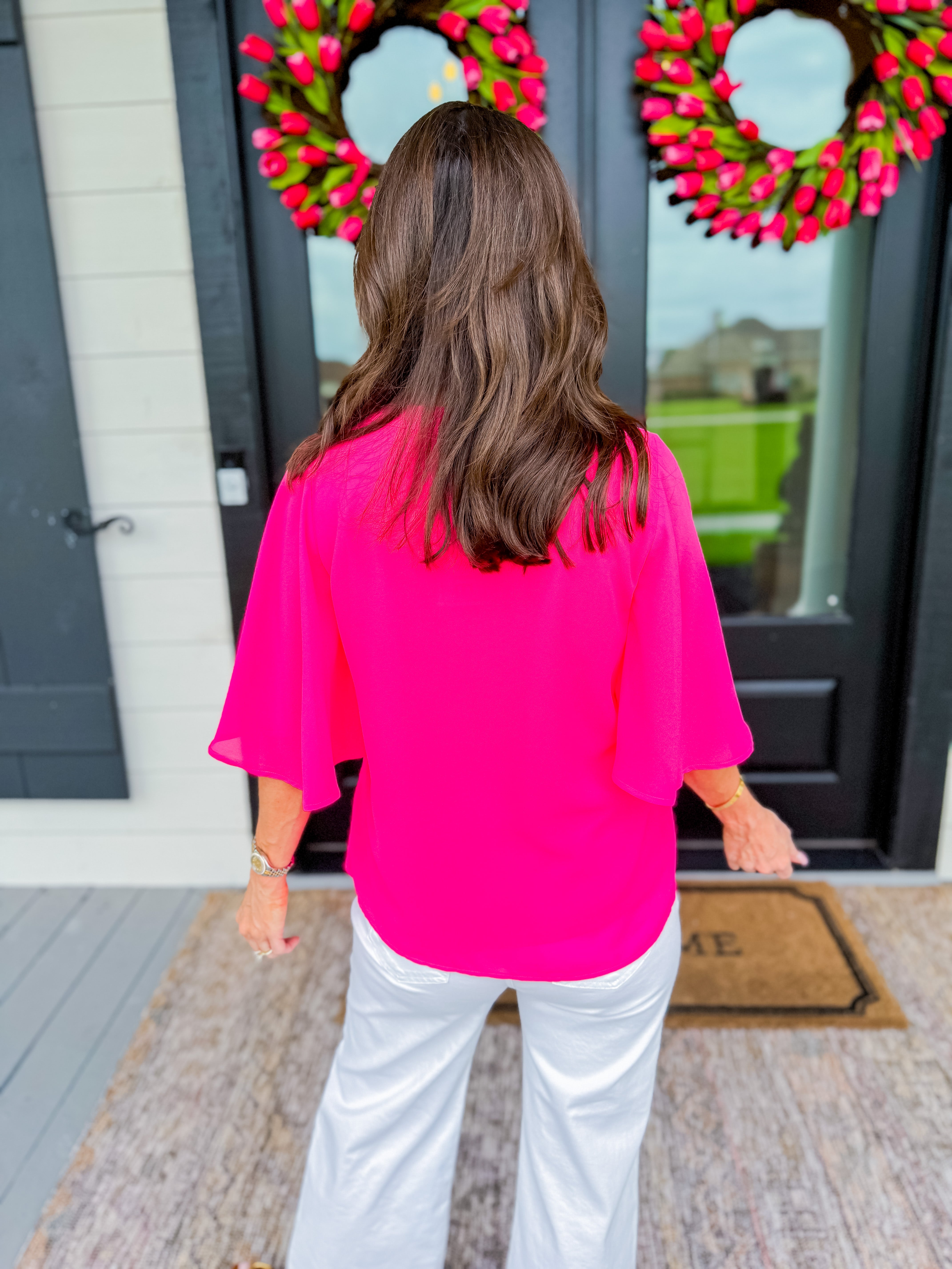 Chiffon Bell Sleeve Top in Hot Pink