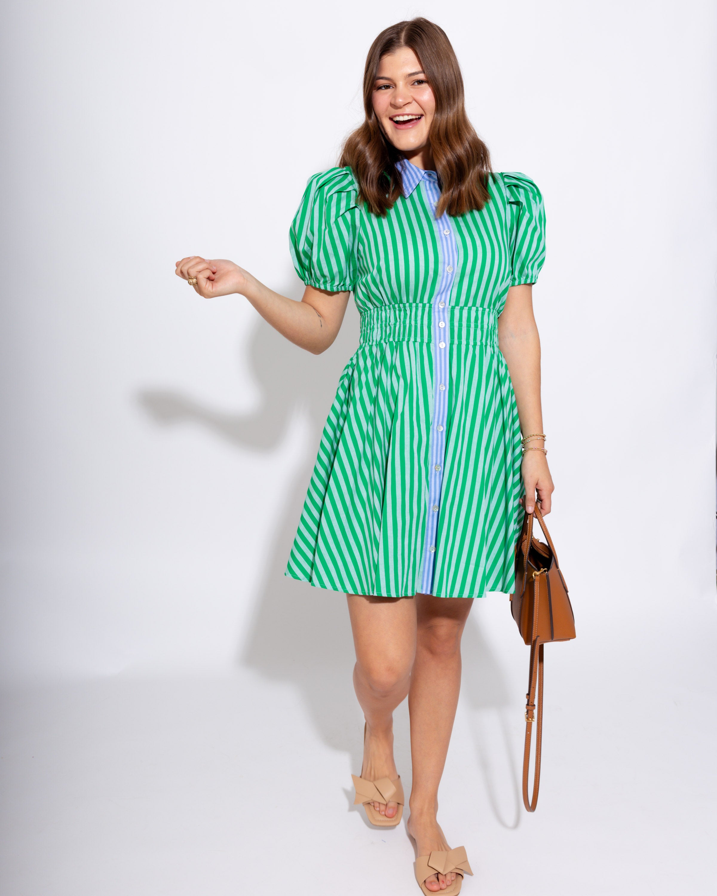 Striped Smocked Mini Dress in Green