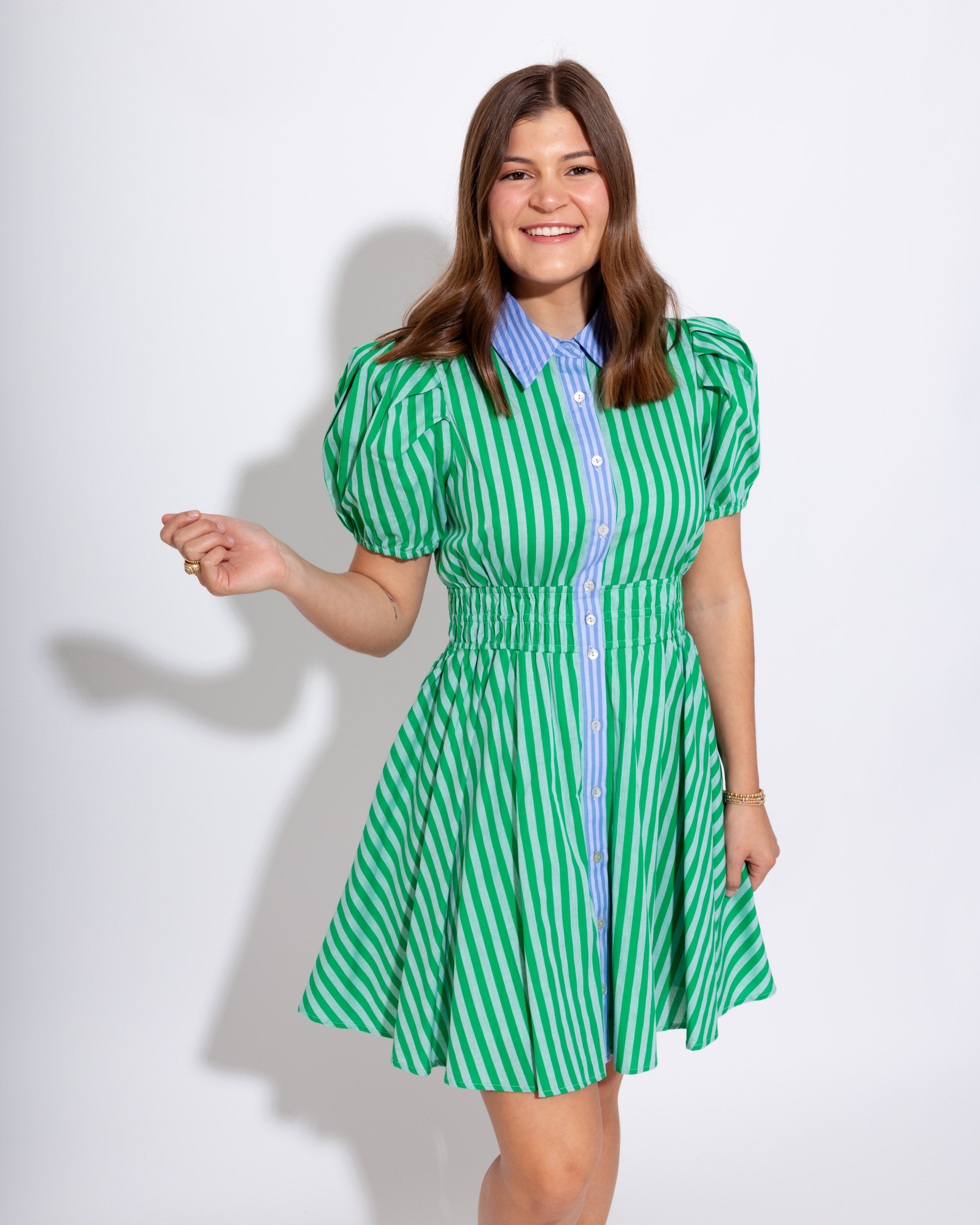 Striped Smocked Mini Dress in Green