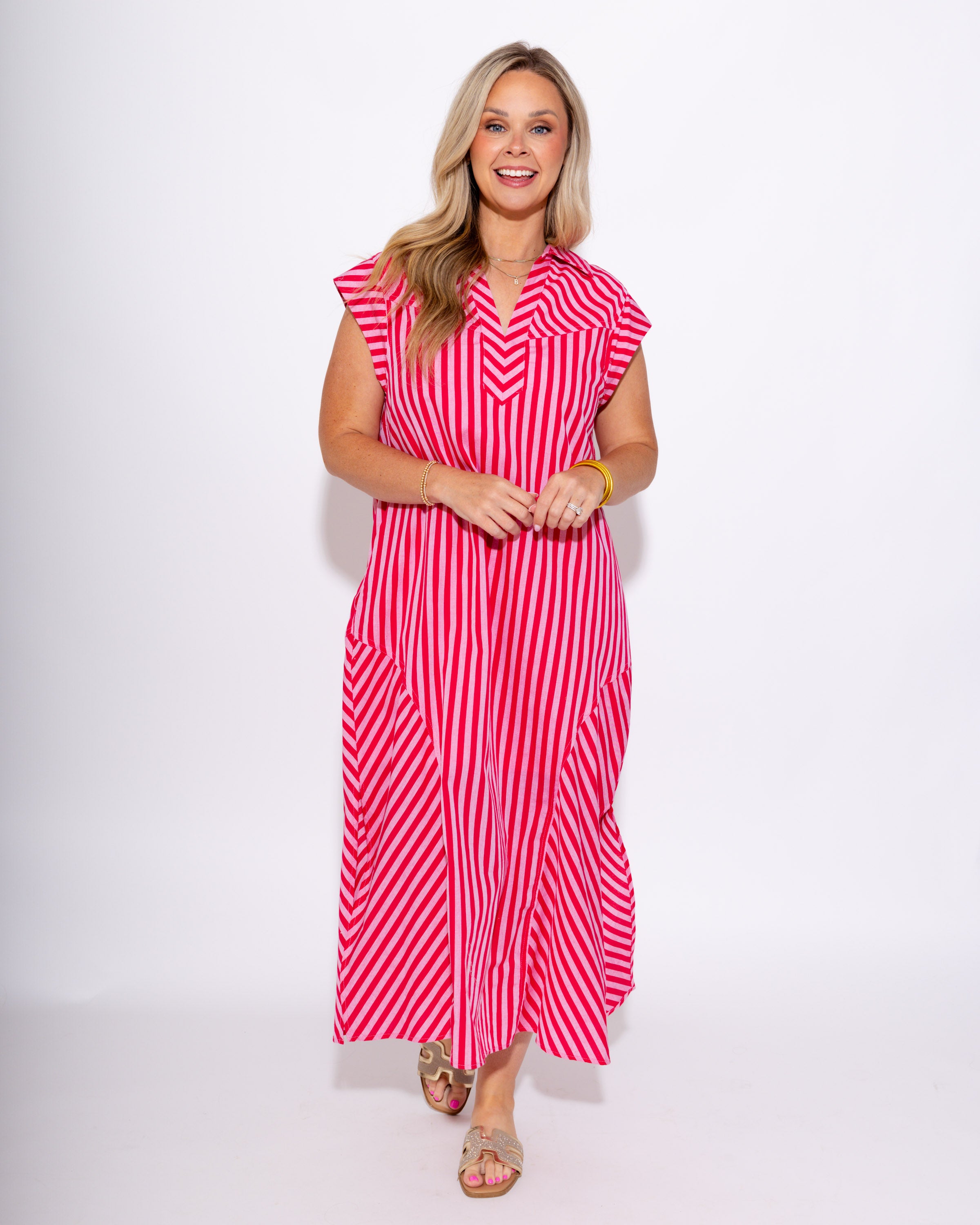 Cap Sleeve Mixed Stripe Midi