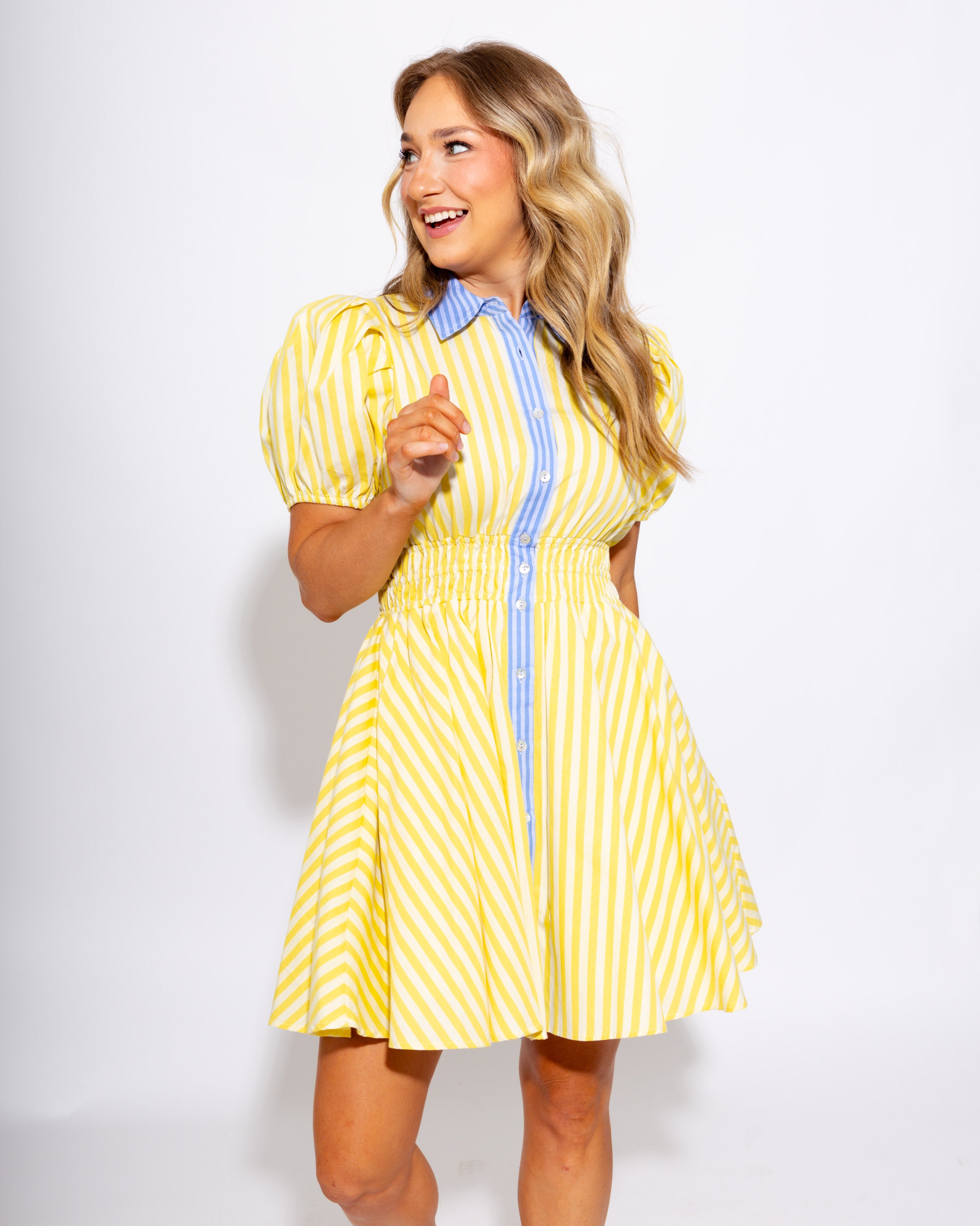 Striped Smocked Mini Dress in Lemon
