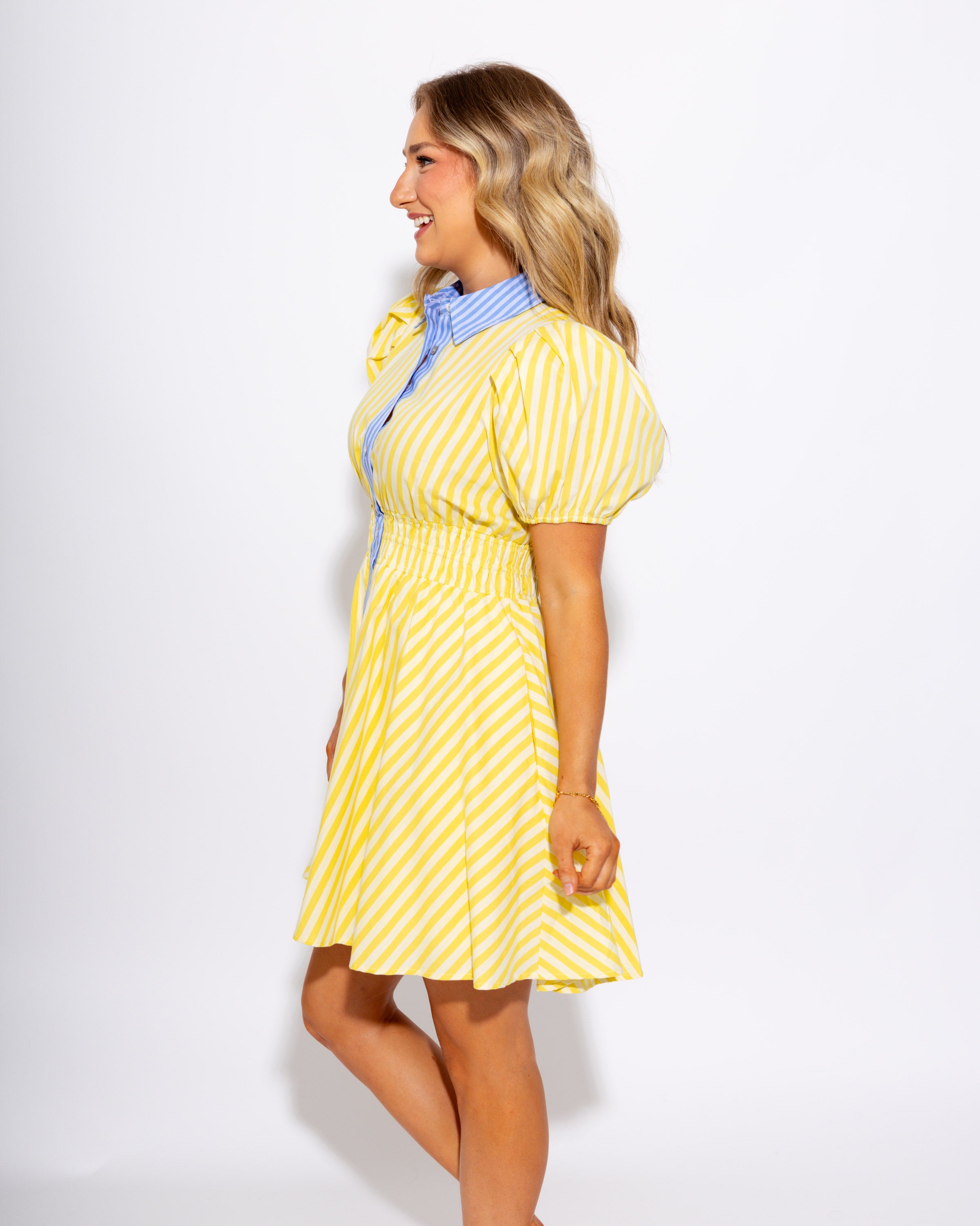 Striped Smocked Mini Dress in Lemon