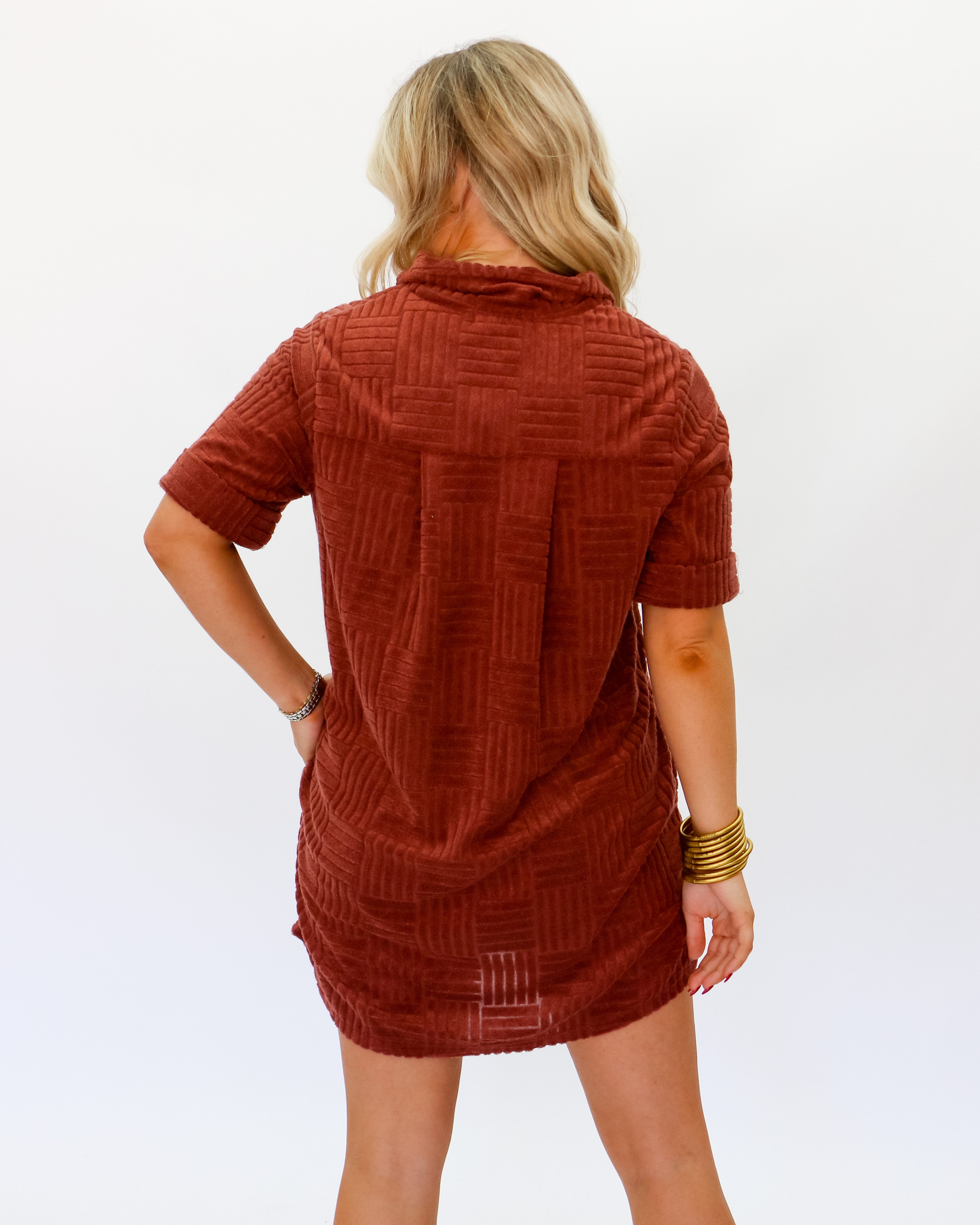 Textured Knit Mini Dress in Brick