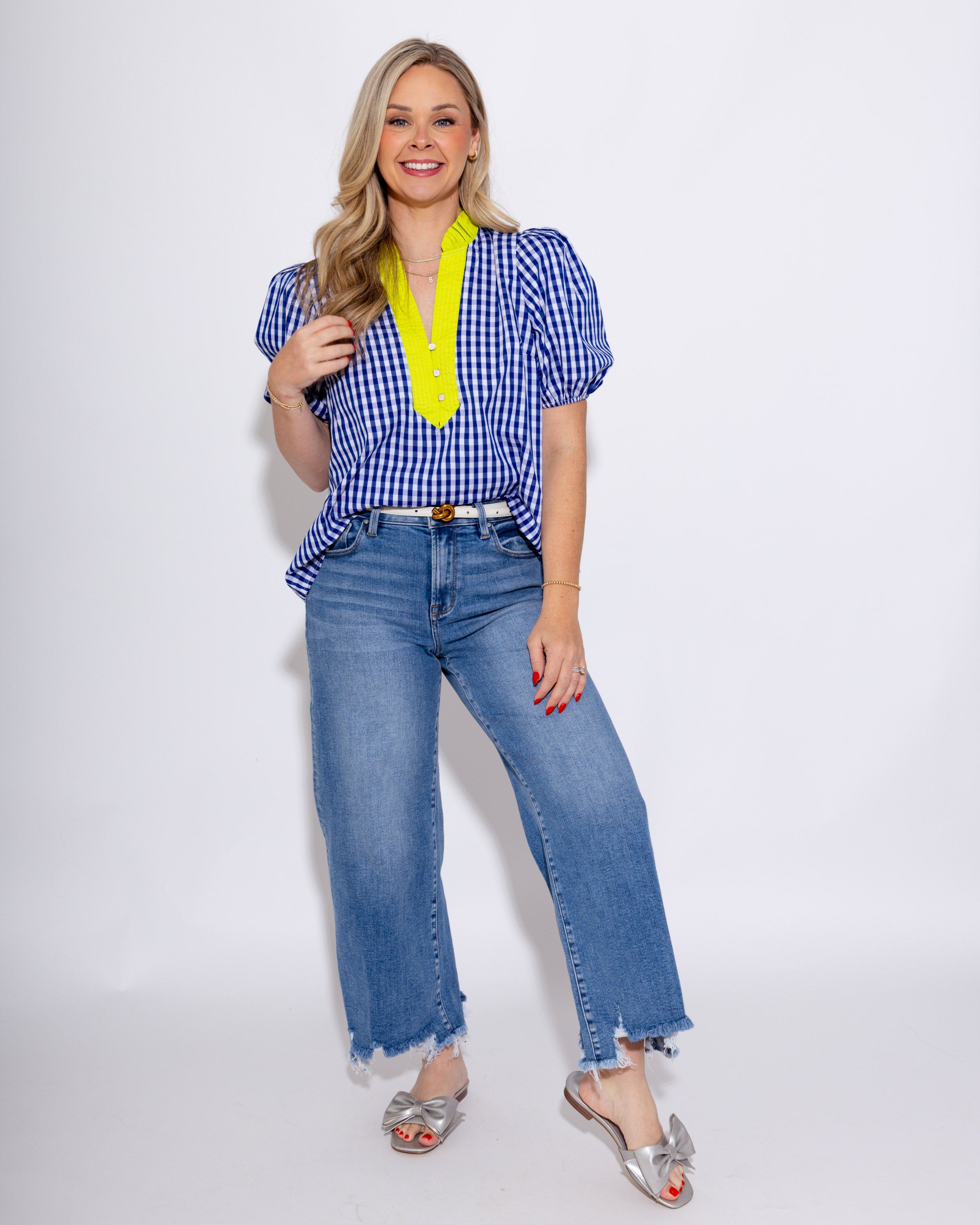 Gingham Puff Sleeve Contrast Top in Indigo