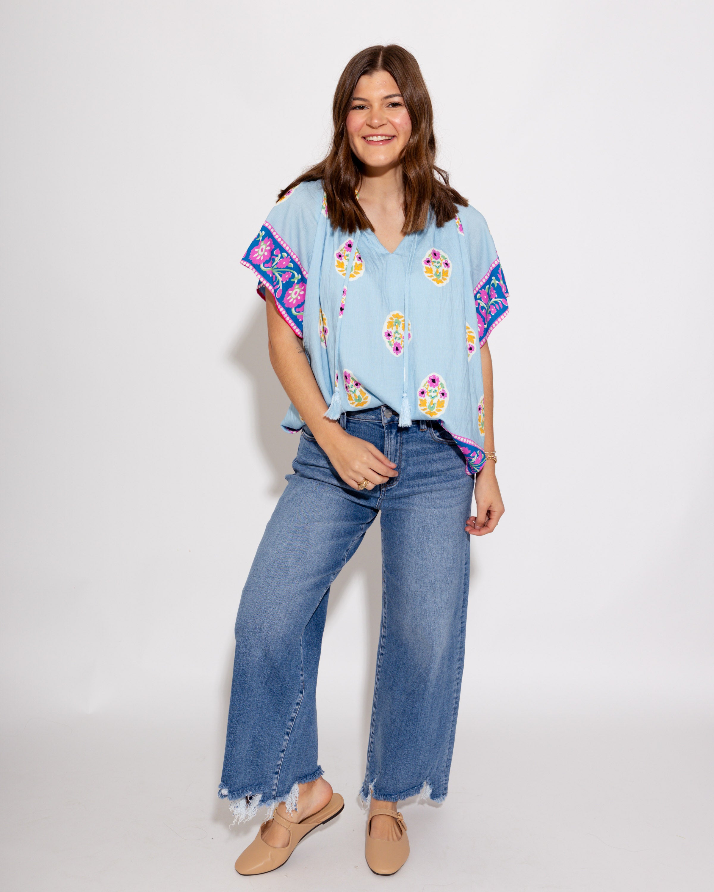 Tassel Trim and Bloom Top in Light Blue