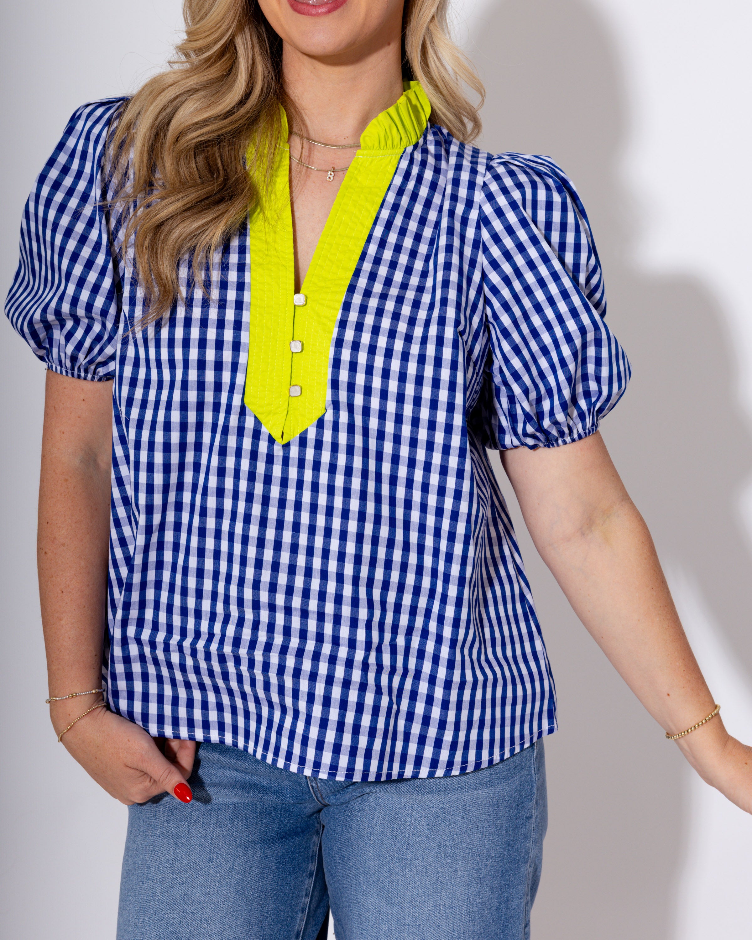 Gingham Puff Sleeve Contrast Top in Indigo