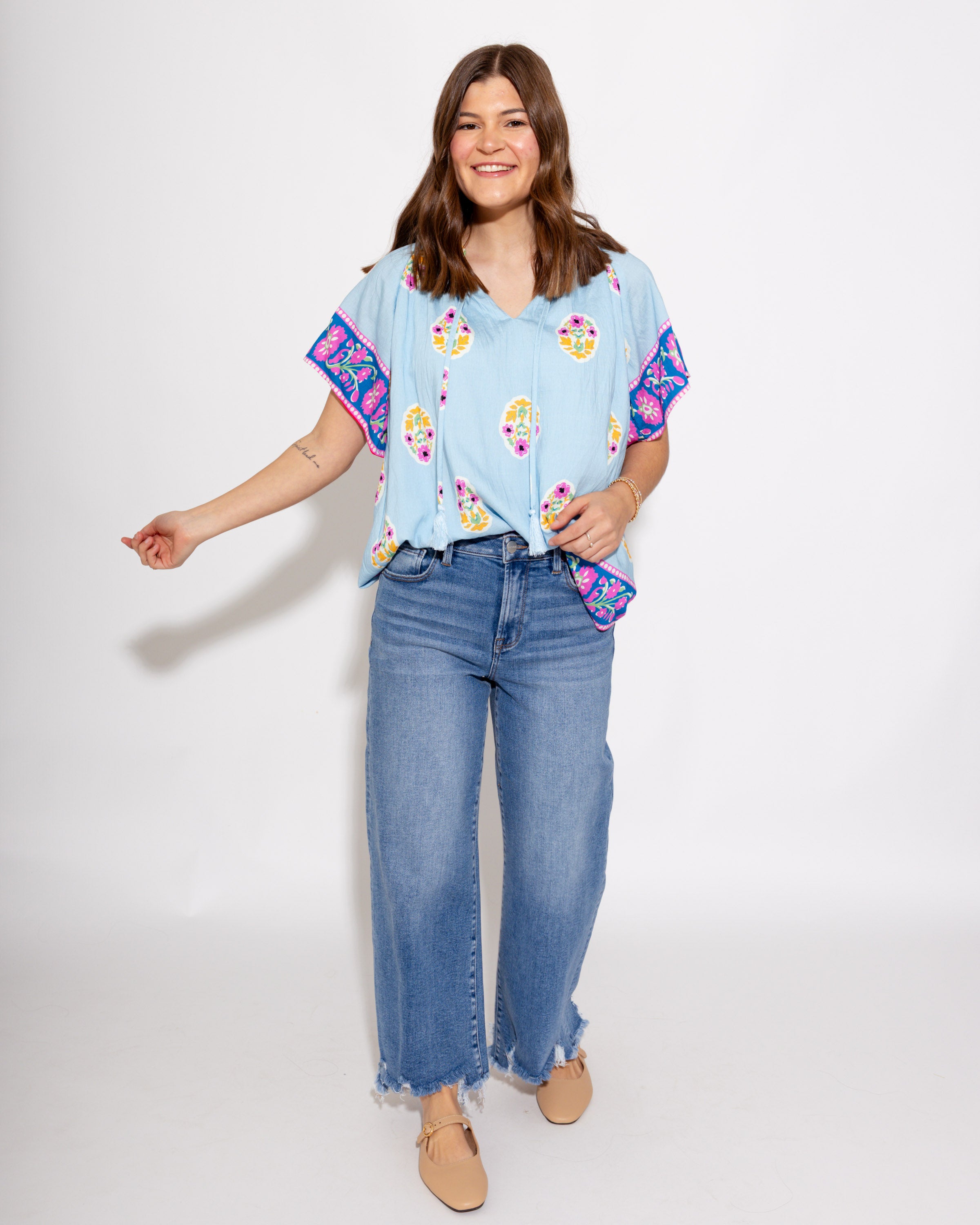 Tassel Trim and Bloom Top in Light Blue