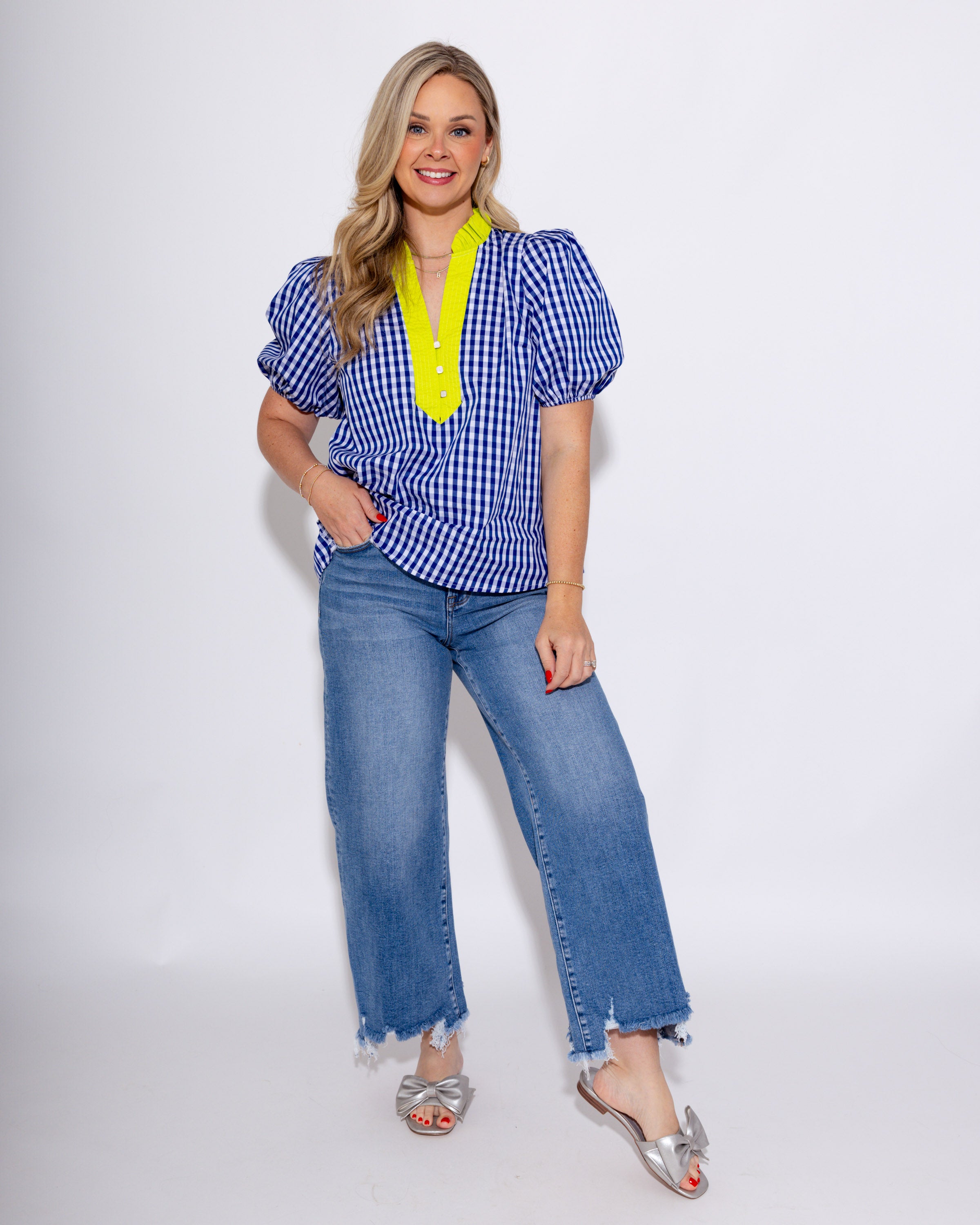 Gingham Puff Sleeve Contrast Top in Indigo