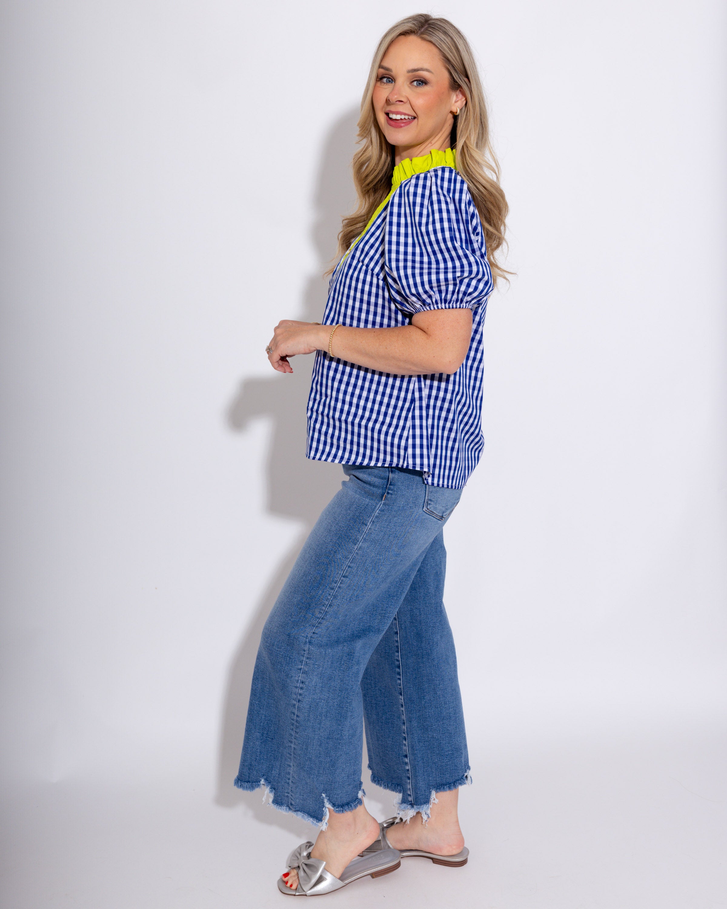 Gingham Puff Sleeve Contrast Top in Indigo