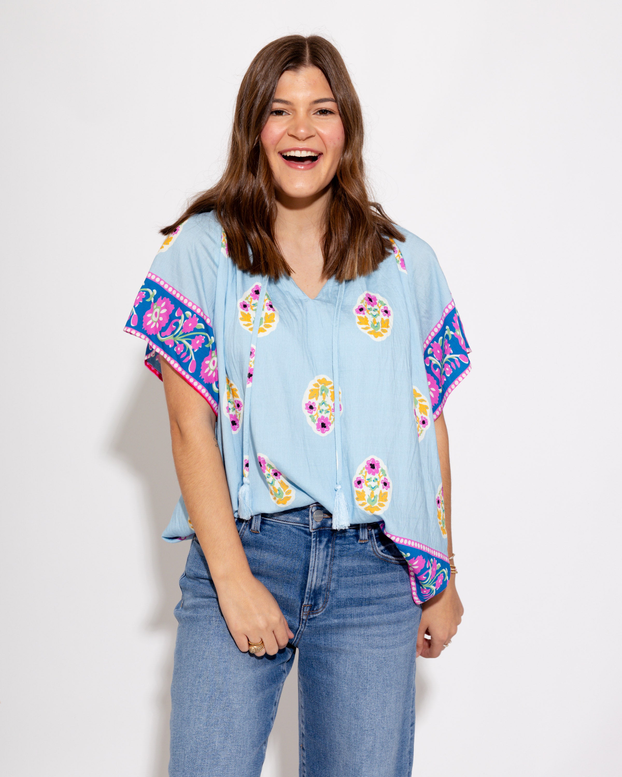 Tassel Trim and Bloom Top in Light Blue