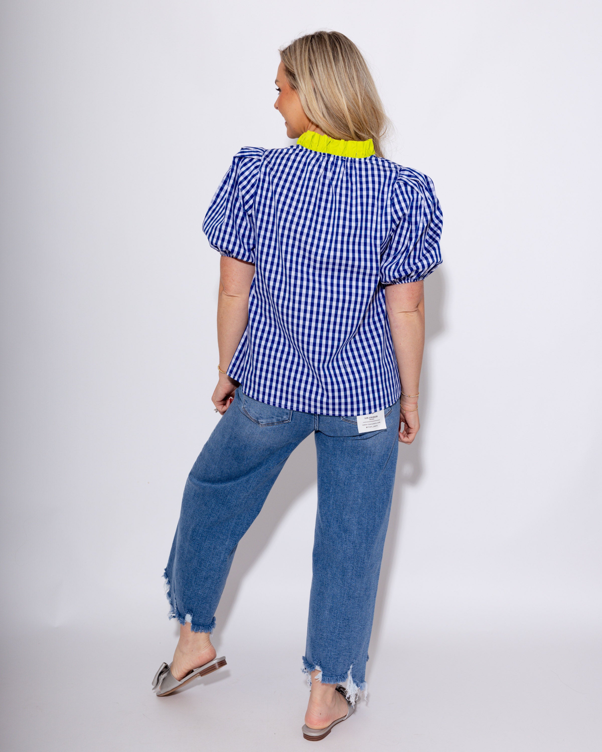 Gingham Puff Sleeve Contrast Top in Indigo