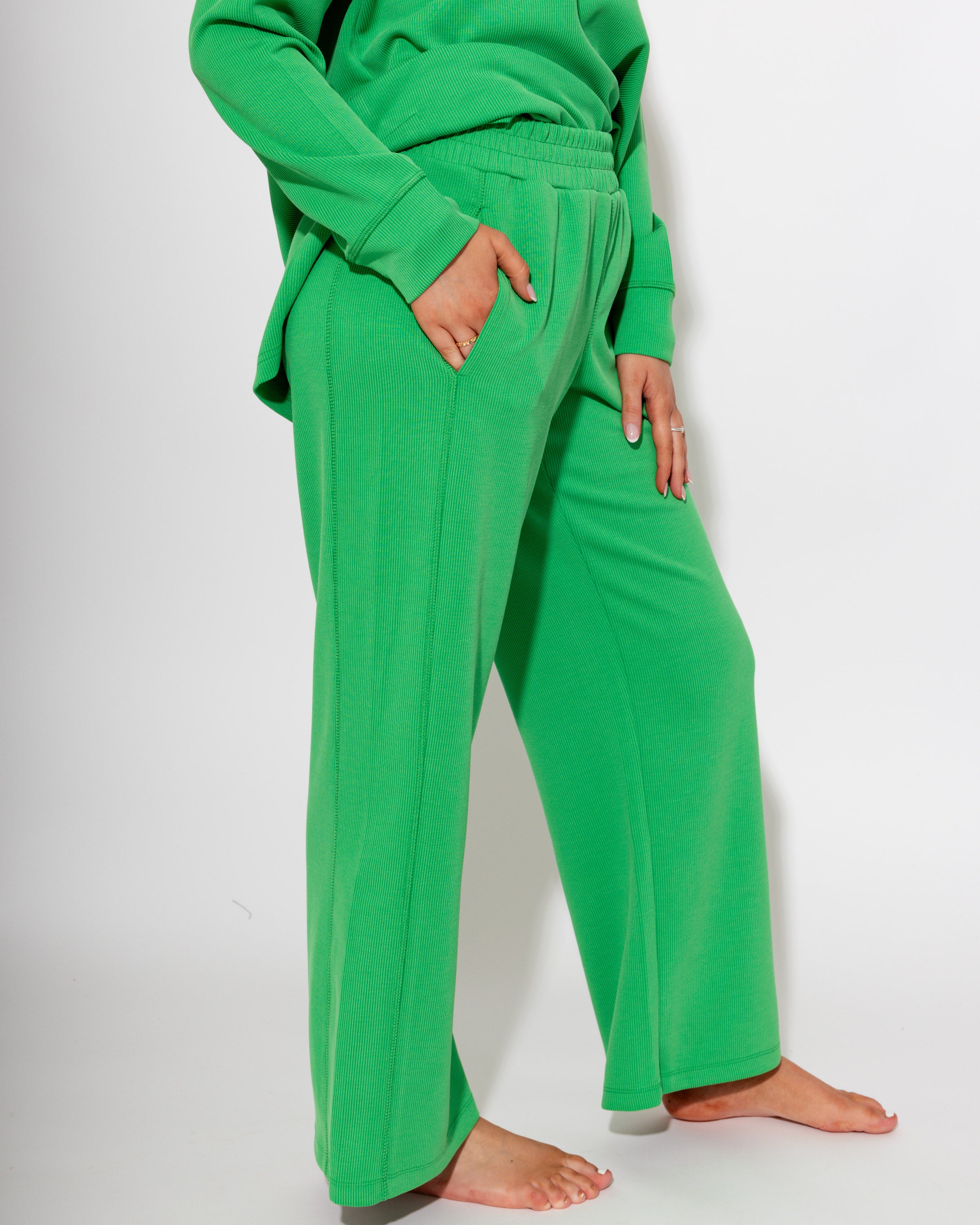 Luxe Wash Rib Wide-leg Pants in Green