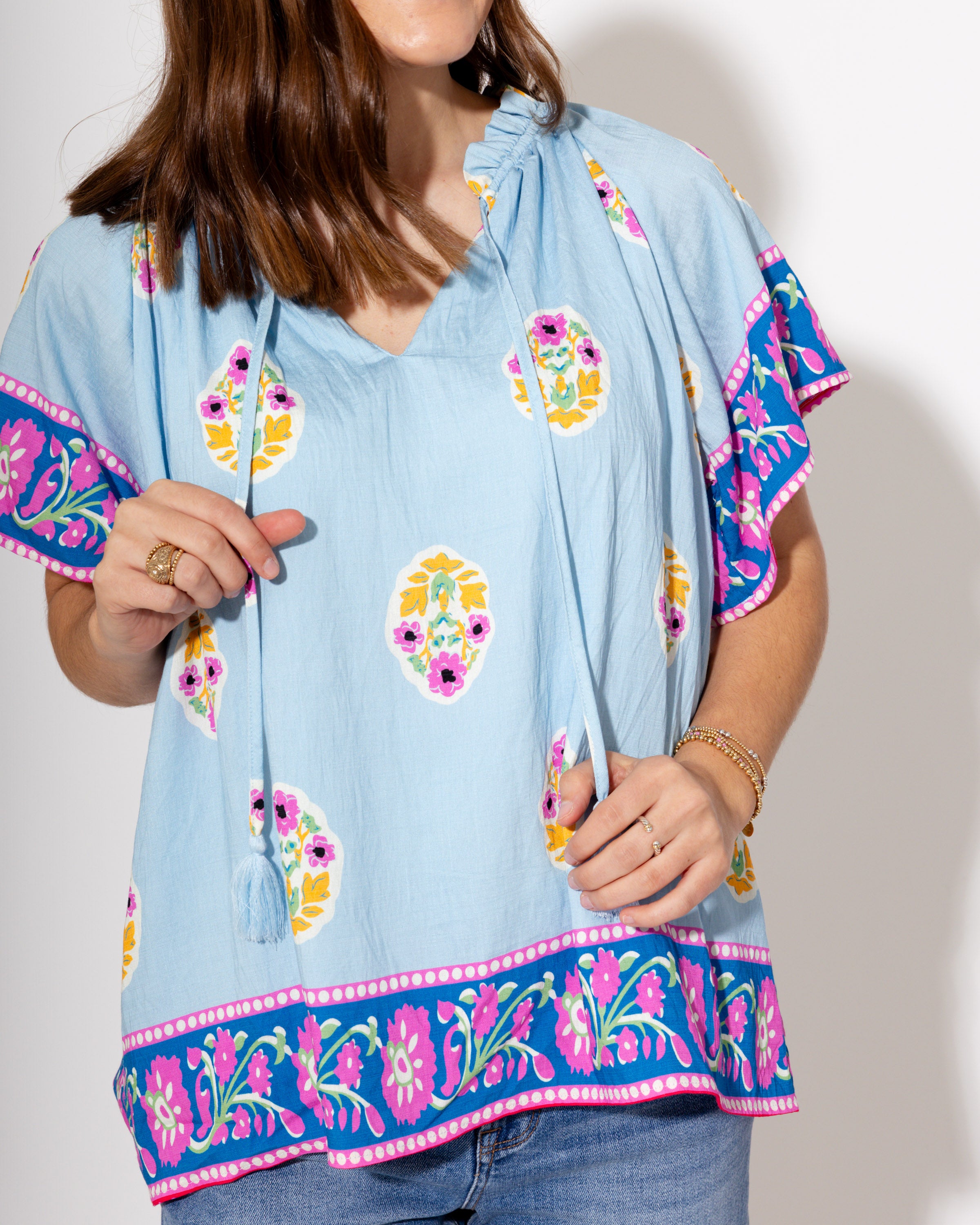 Tassel Trim and Bloom Top in Light Blue