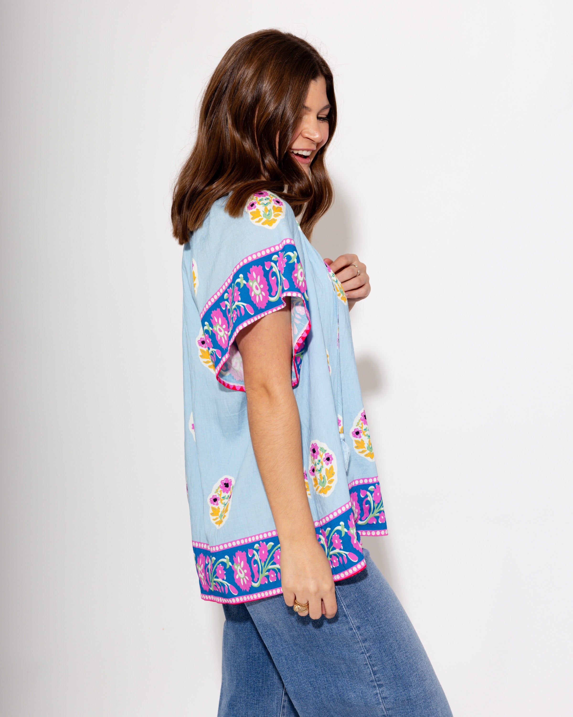 Tassel Trim and Bloom Top in Light Blue