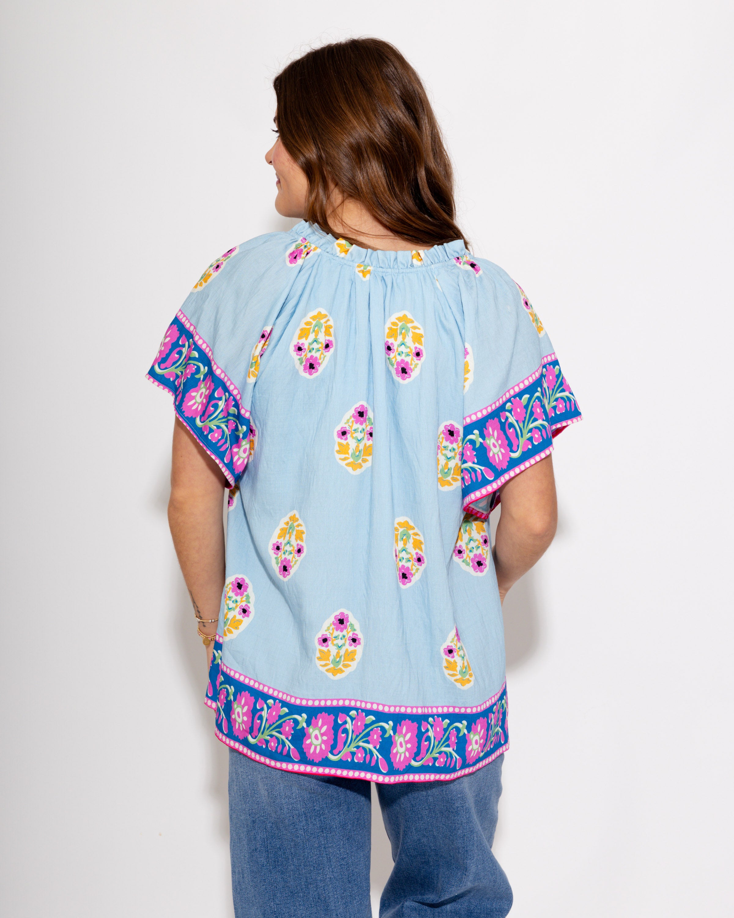 Tassel Trim and Bloom Top in Light Blue